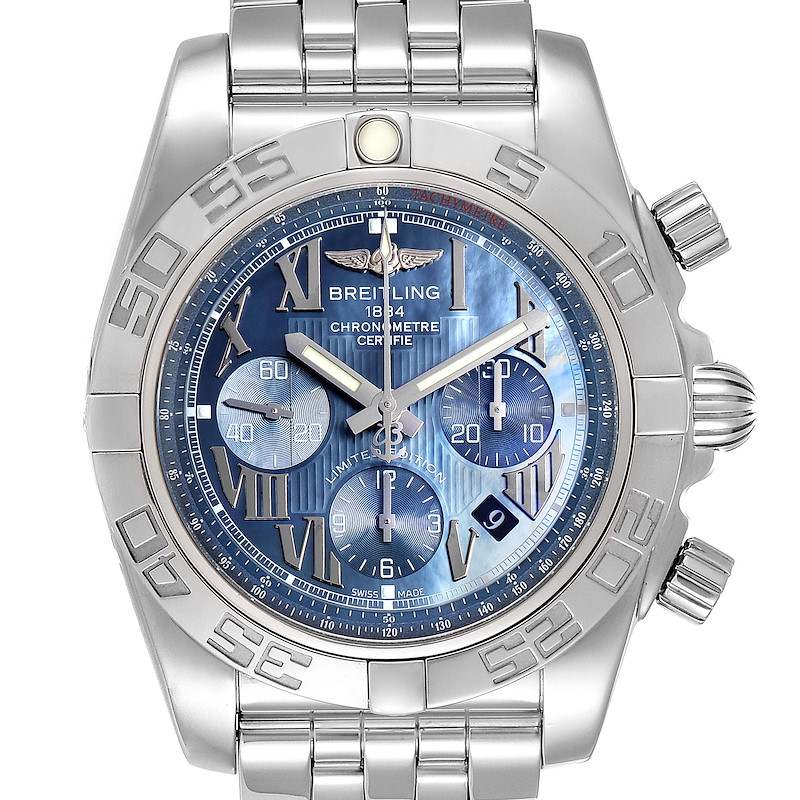 Breitling Chronomat 01 Blue MOP Dial Steel Mens Watch AB0110 Box Papers SwissWatchExpo