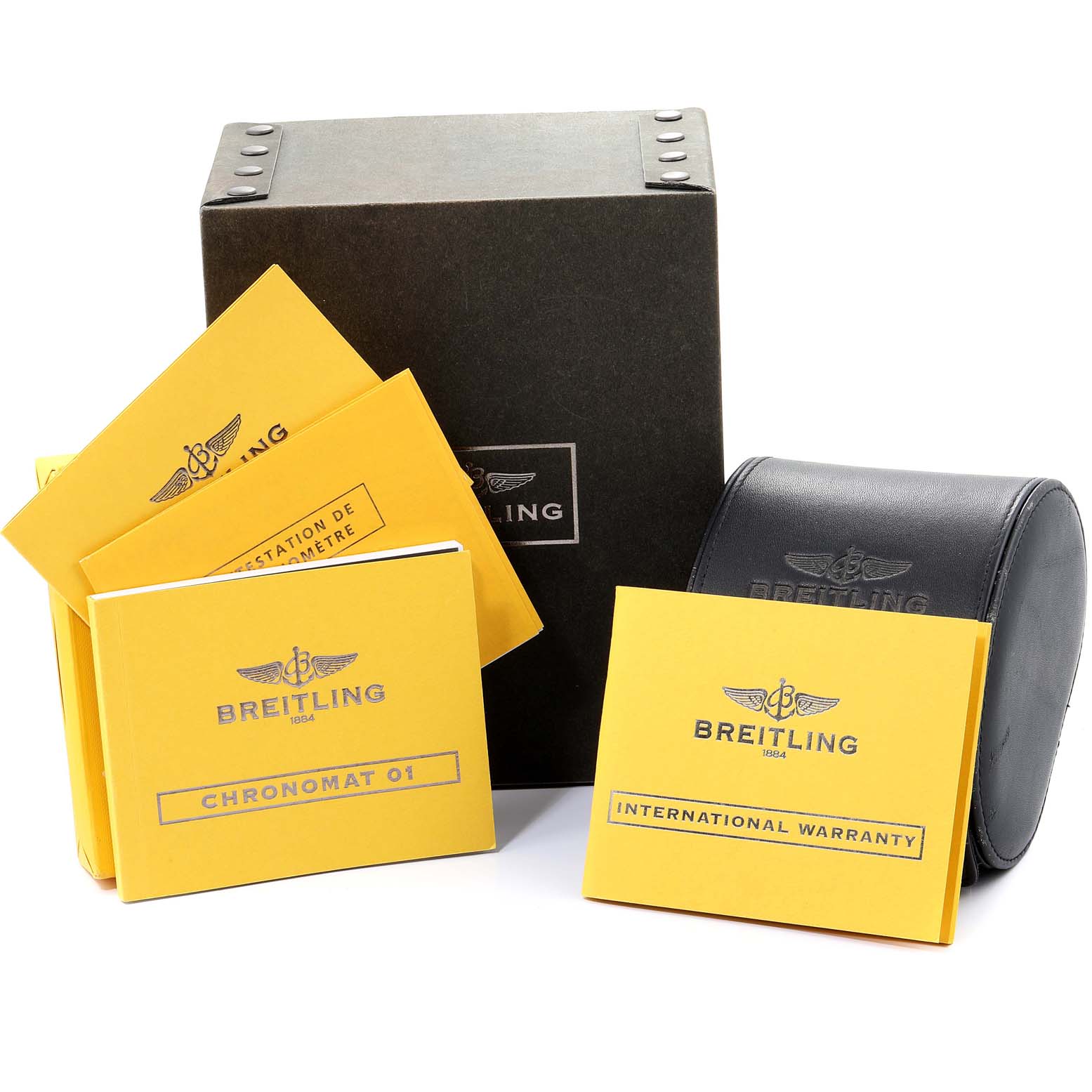 The image shows the packaging and booklets for a Breitling Chronomat AB0110 Men's Stainless Steel Mother of Pearl Dial AB0110 Men's Stainless Steel Mother of Pearl Dial watch, including warranty and instruction manuals.