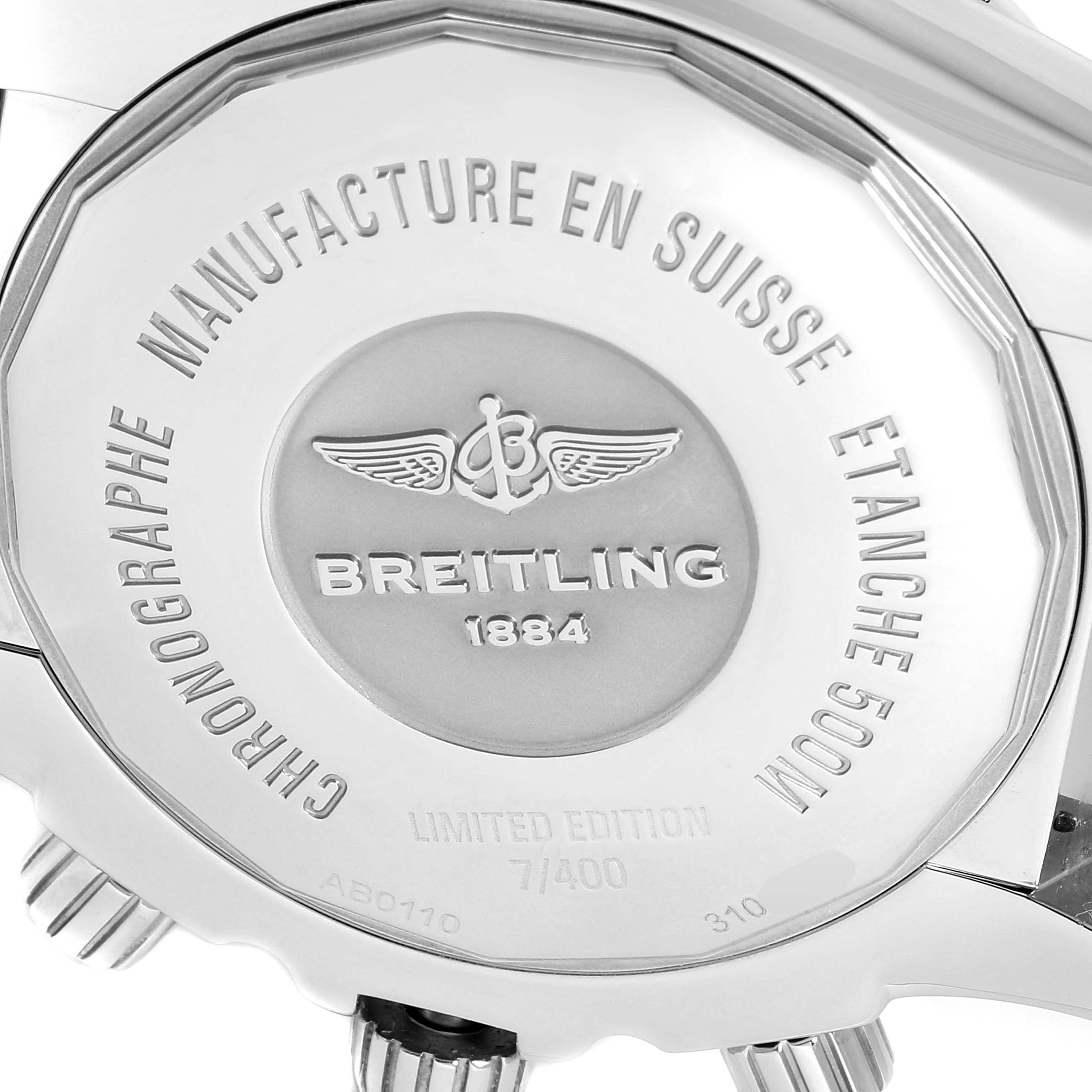 The image shows the back of a Breitling Chronomat AB0110 Men's Stainless Steel Mother of Pearl Dial AB0110 Men's Stainless Steel Mother of Pearl Dial watch, highlighting the engraved details and limited edition number.