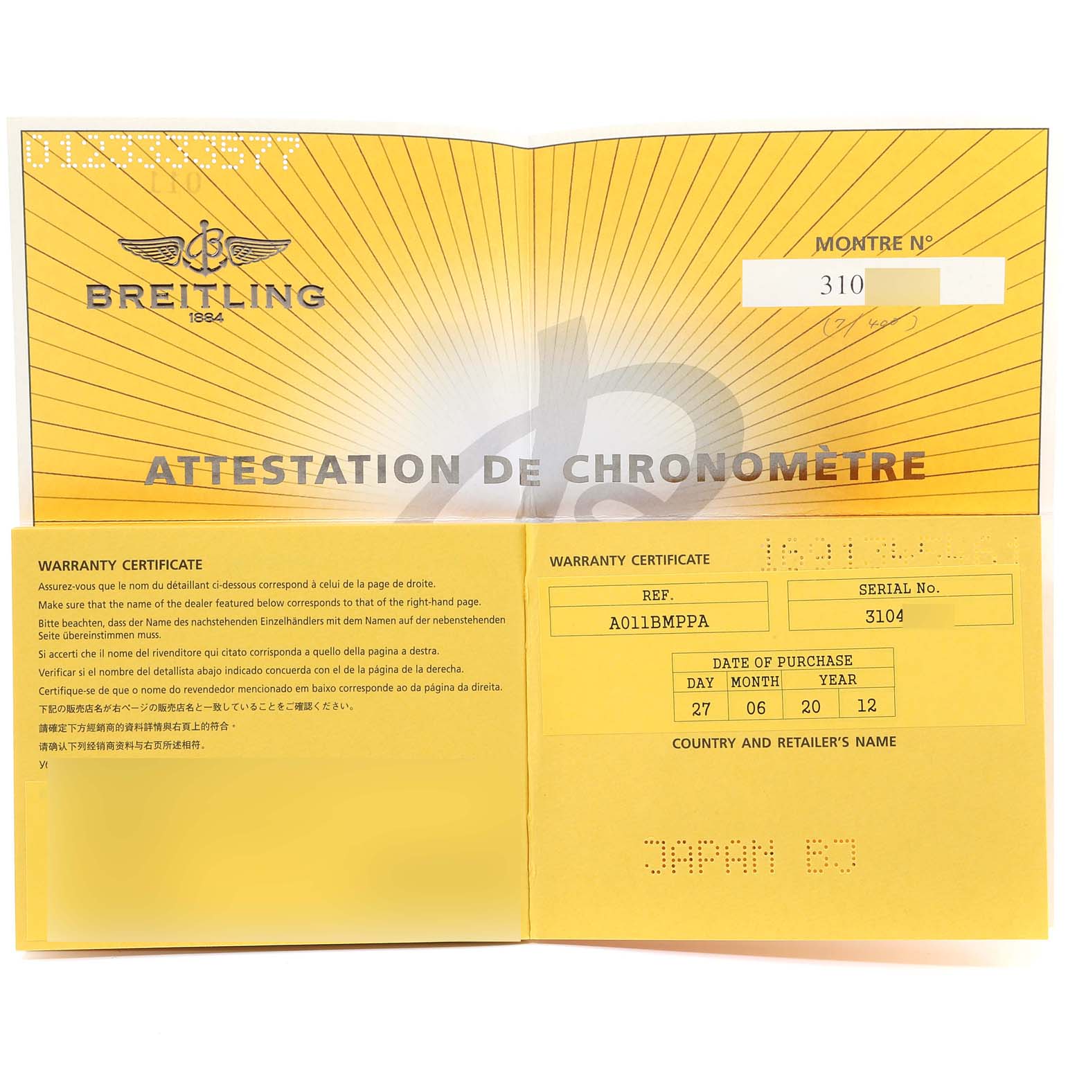 This image shows a Breitling Chronomat AB0110 Men's Stainless Steel Mother of Pearl Dial AB0110 Men's Stainless Steel Mother of Pearl Dial warranty certificate booklet opened flat.