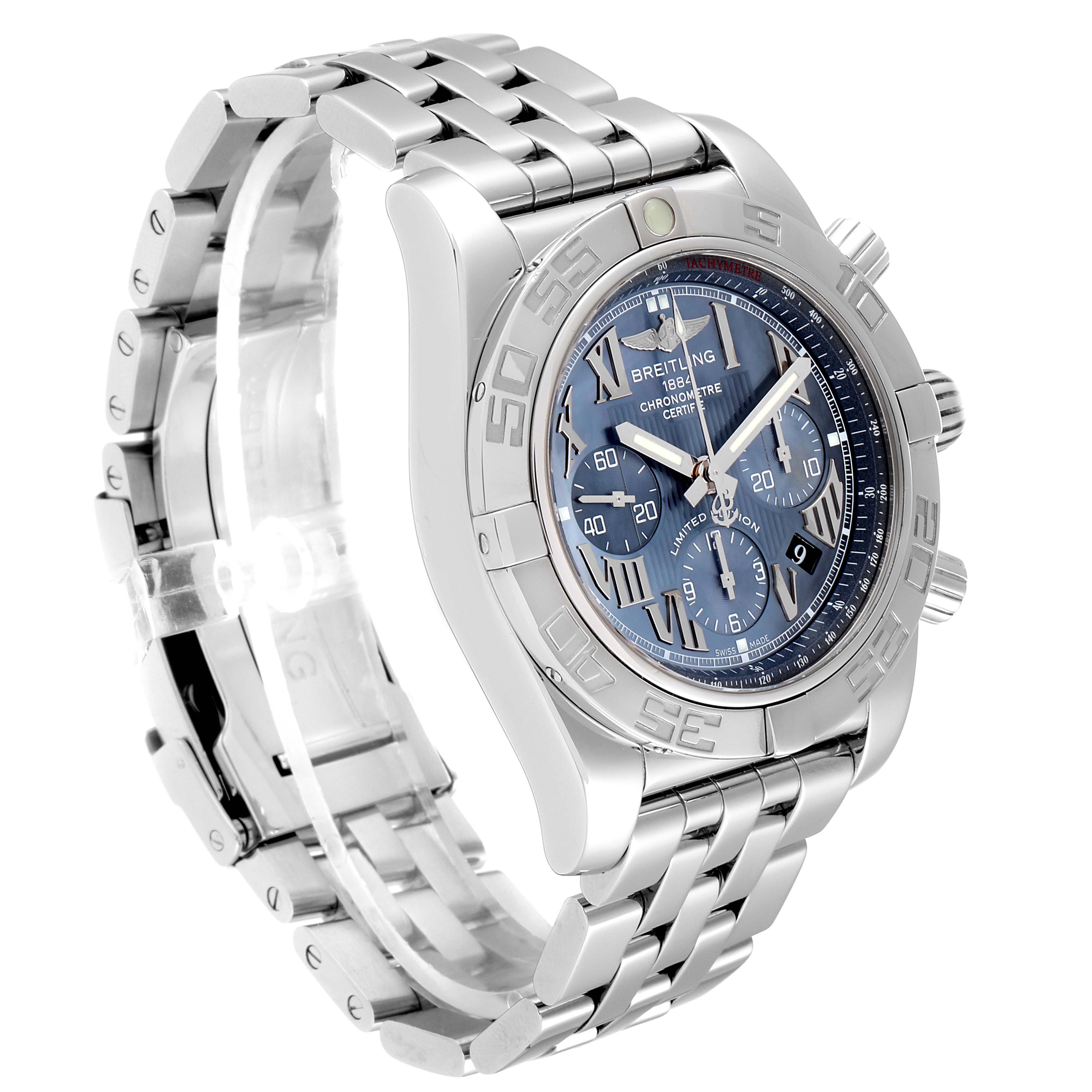 The image shows a side angle of a Breitling Chronomat AB0110 Men's Stainless Steel Mother of Pearl Dial AB0110 Men's Stainless Steel Mother of Pearl Dial watch, highlighting its dial, bezel, and metal bracelet.