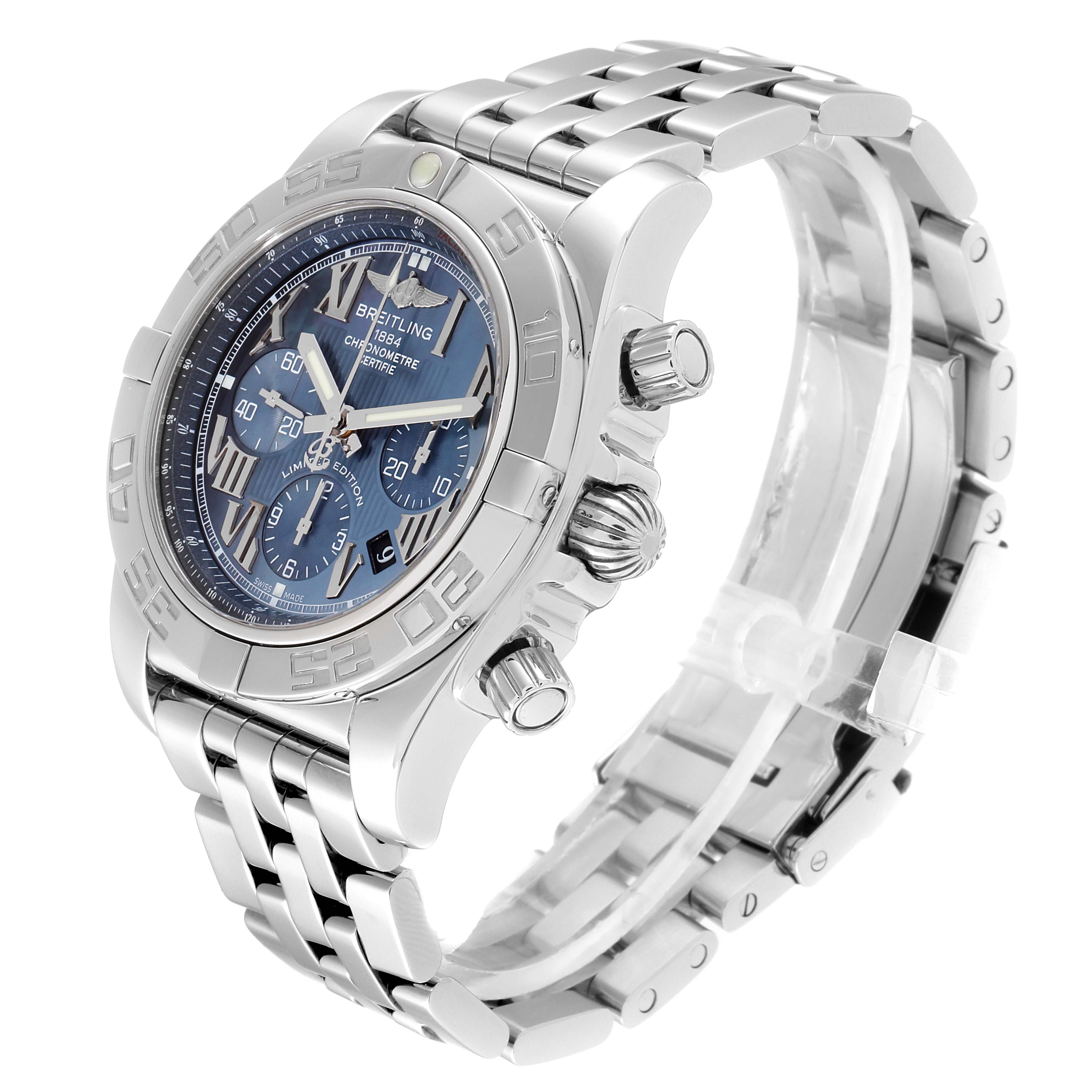 This image shows a Breitling Chronomat AB0110 Men's Stainless Steel Mother of Pearl Dial AB0110 Men's Stainless Steel Mother of Pearl Dial watch angled to display its face, side pushers, and stainless steel bracelet.