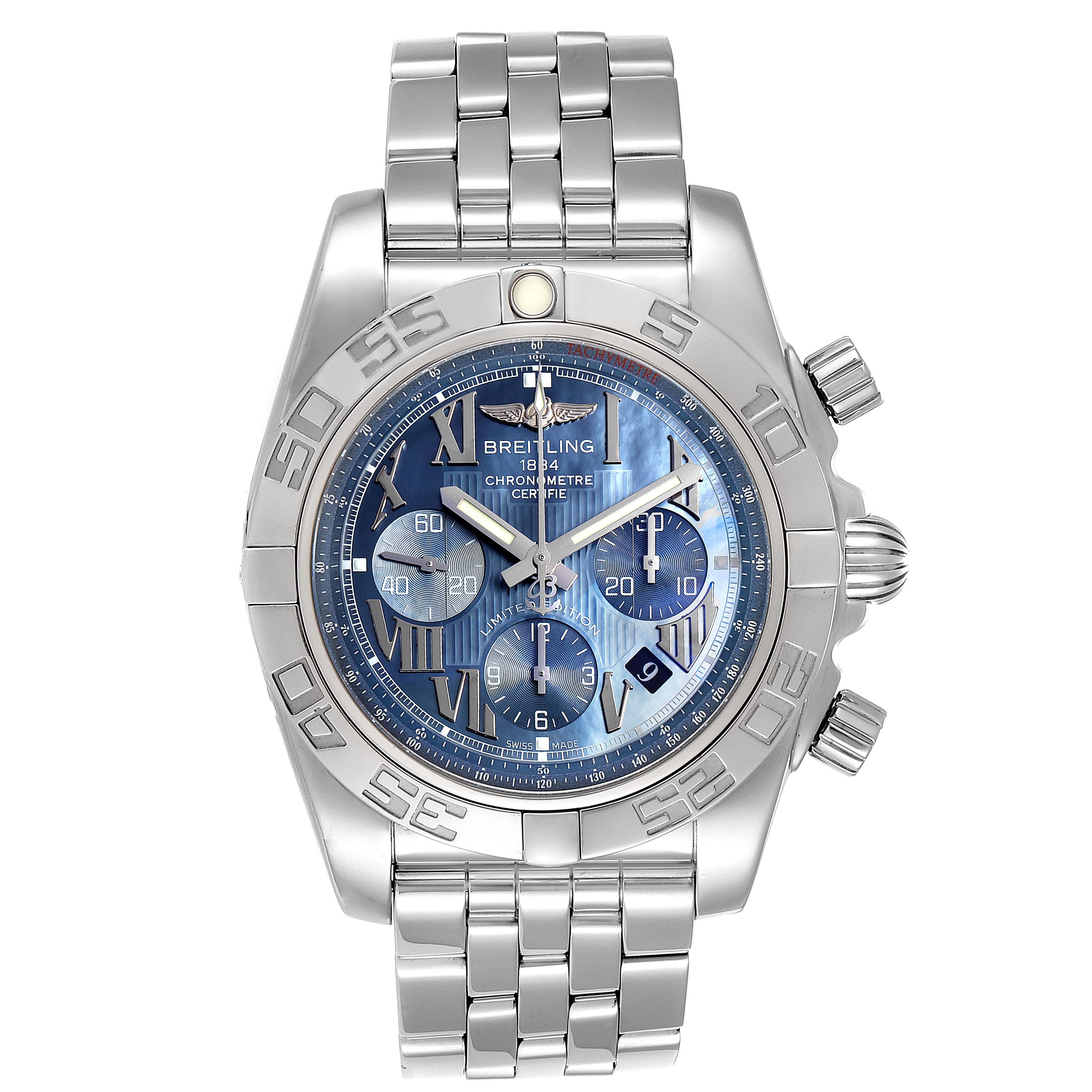 This Breitling Chronomat AB0110 Men's Stainless Steel Mother of Pearl Dial AB0110 Men's Stainless Steel Mother of Pearl Dial model watch is shown from the front, displaying its face, bezel, and bracelet.