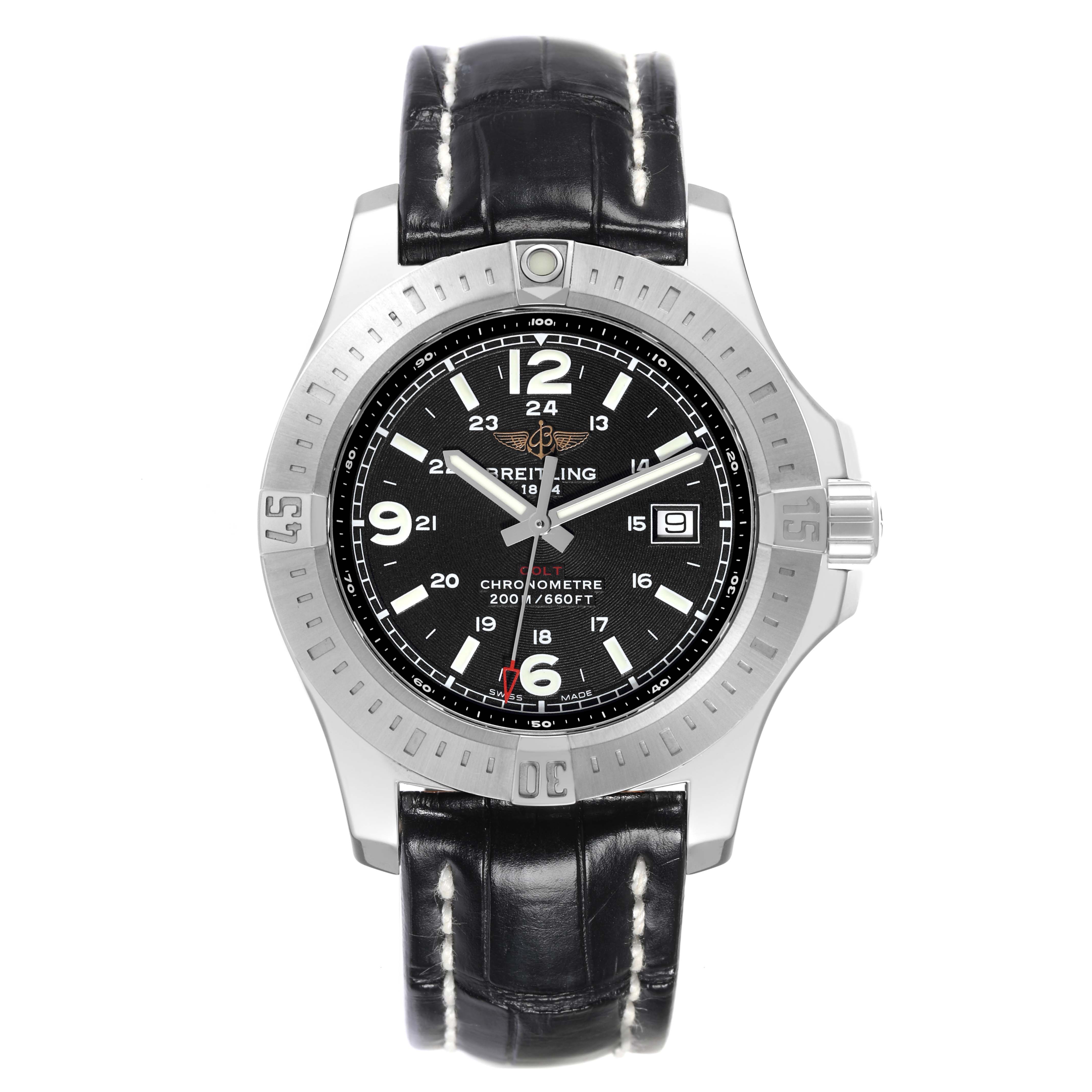 The image shows a front view of the Breitling Colt A74388 Men's Stainless Steel Black Dial A74388 Men's Stainless Steel Black Dial watch, featuring a black dial, stainless steel bezel, and a black leather strap.
