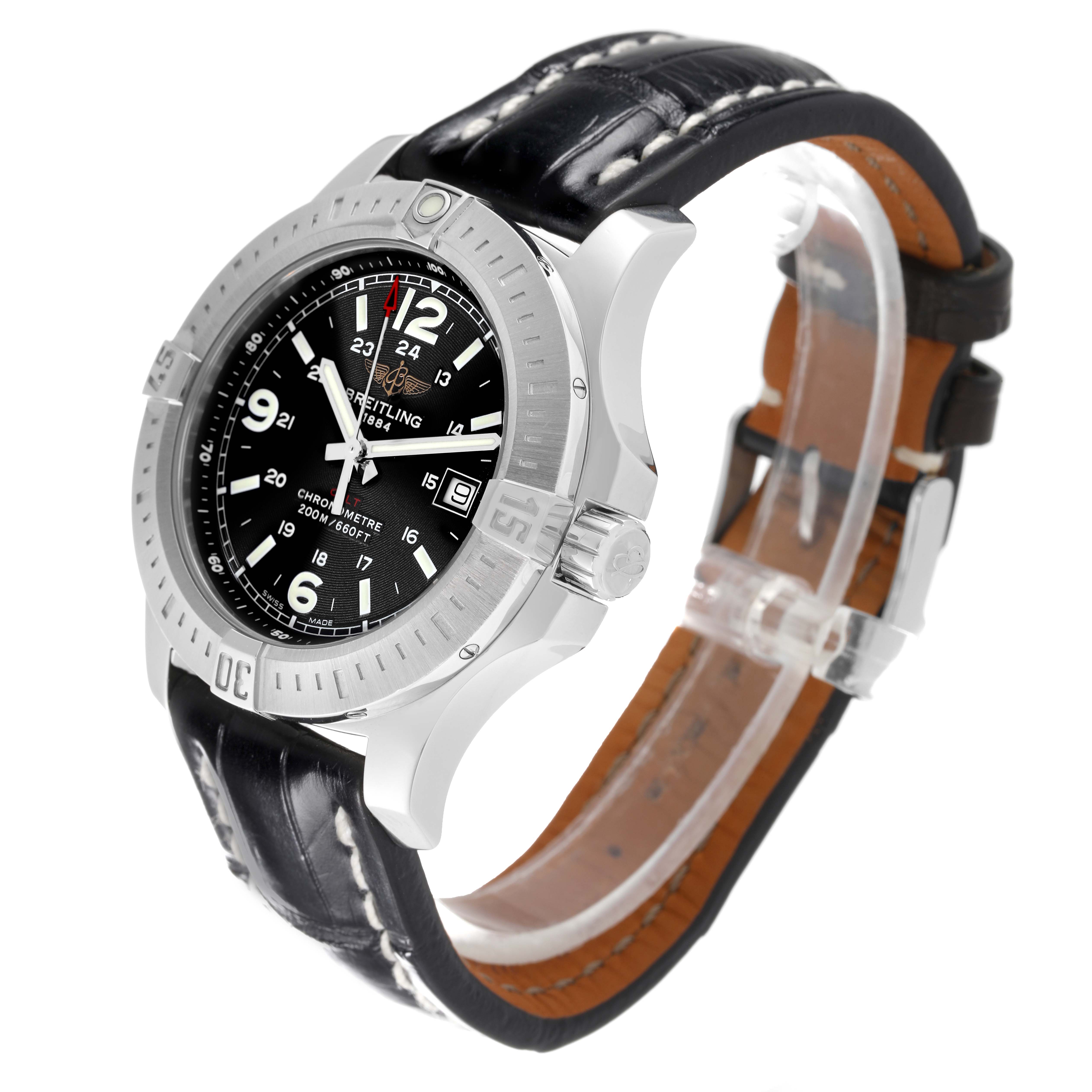 The Breitling Colt A74388 Men's Stainless Steel Black Dial A74388 Men's Stainless Steel Black Dial watch is shown at an angle displaying the face, bezel, crown, and part of the leather strap.