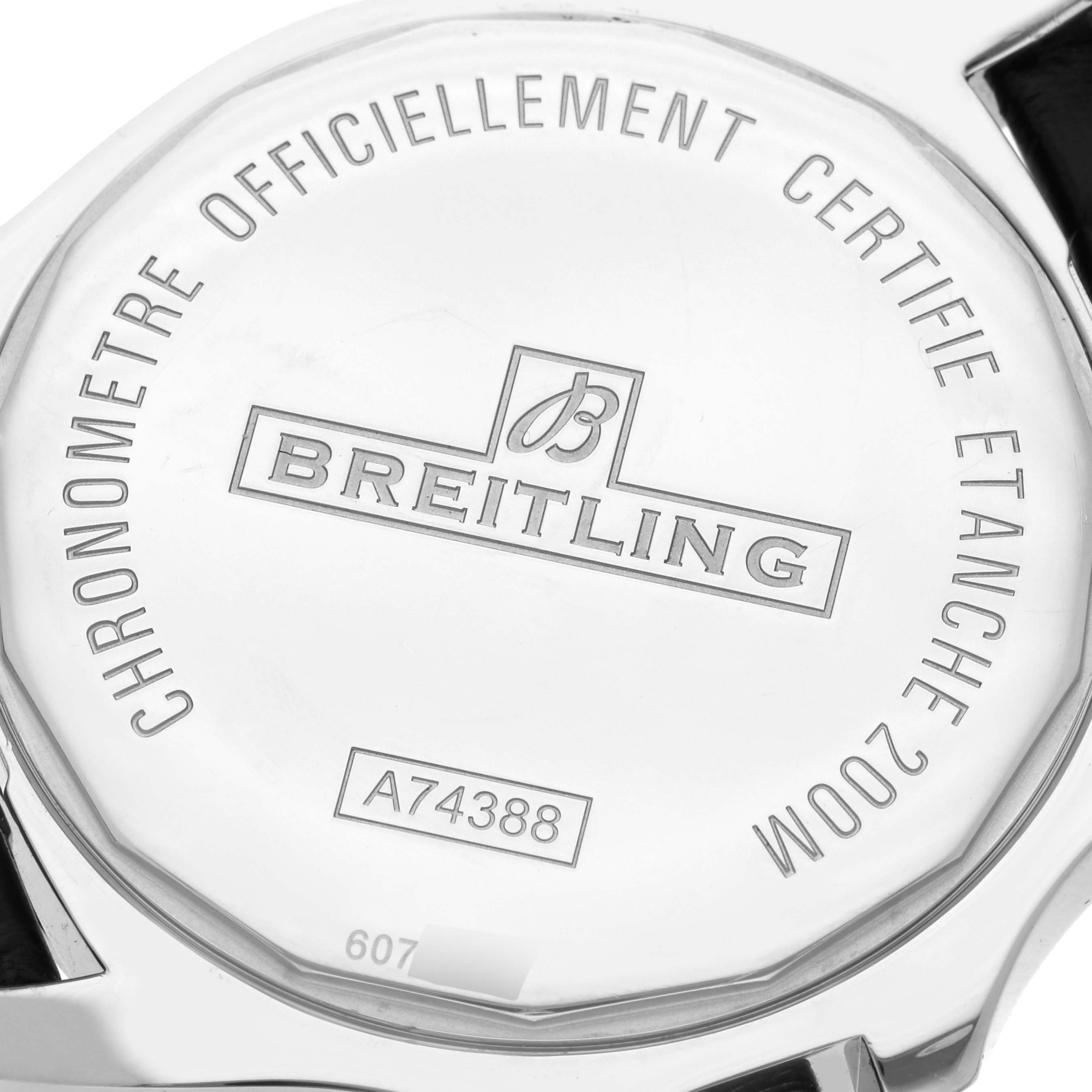 The image shows the back case of a Breitling Colt A74388 Men's Stainless Steel Black Dial A74388 Men's Stainless Steel Black Dial model watch from a top-down angle.