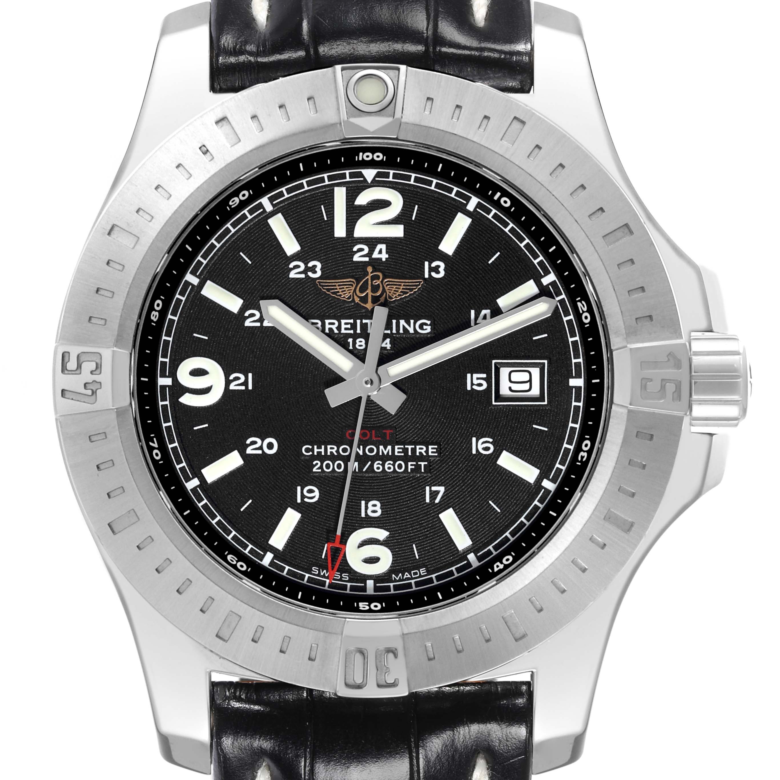 The image shows a front view of a Breitling Colt A74388 Men's Stainless Steel Black Dial A74388 Men's Stainless Steel Black Dial watch, featuring its black dial, bezel, and black leather strap.