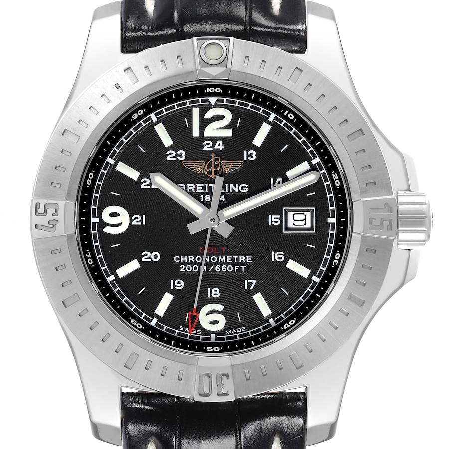 Breitling Colt Black Dial Leather Strap Steel Mens Watch A74388 SwissWatchExpo