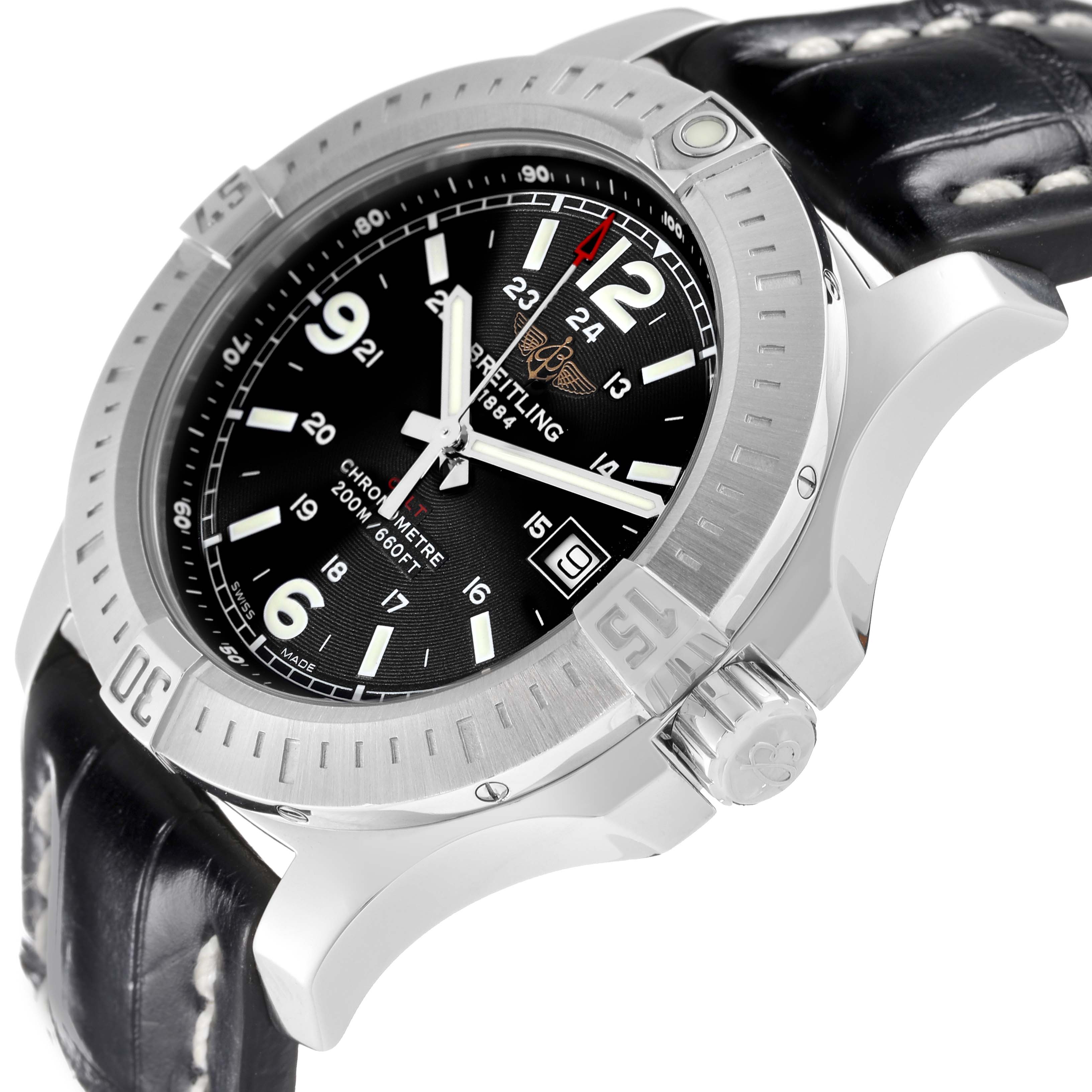 The image shows a close-up, angled view of the Breitling Colt A74388 Men's Stainless Steel Black Dial A74388 Men's Stainless Steel Black Dial watch's face, bezel, and strap.