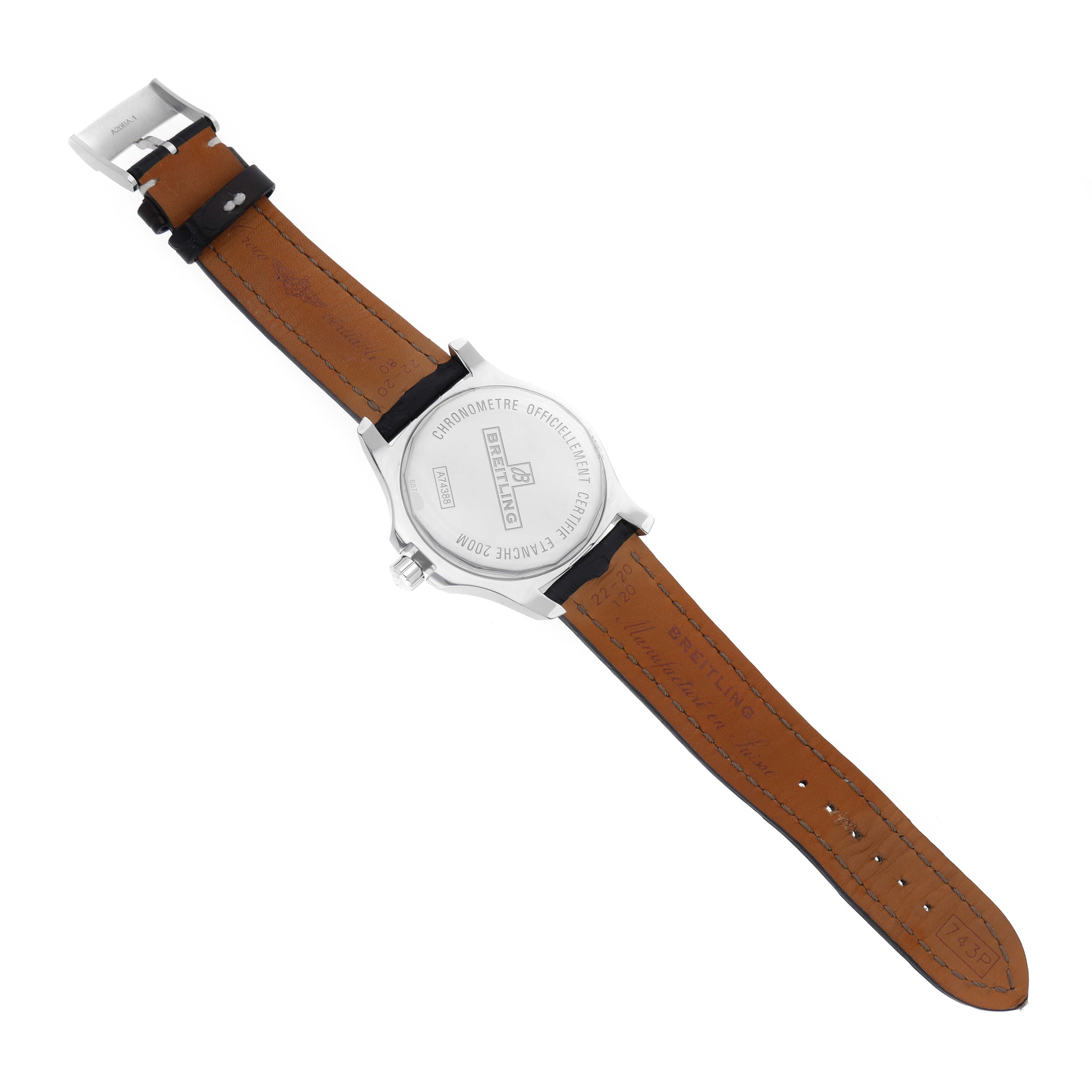 The image shows the back view of the Breitling Colt A74388 Men's Stainless Steel Black Dial A74388 Men's Stainless Steel Black Dial watch, highlighting the leather strap and case back.