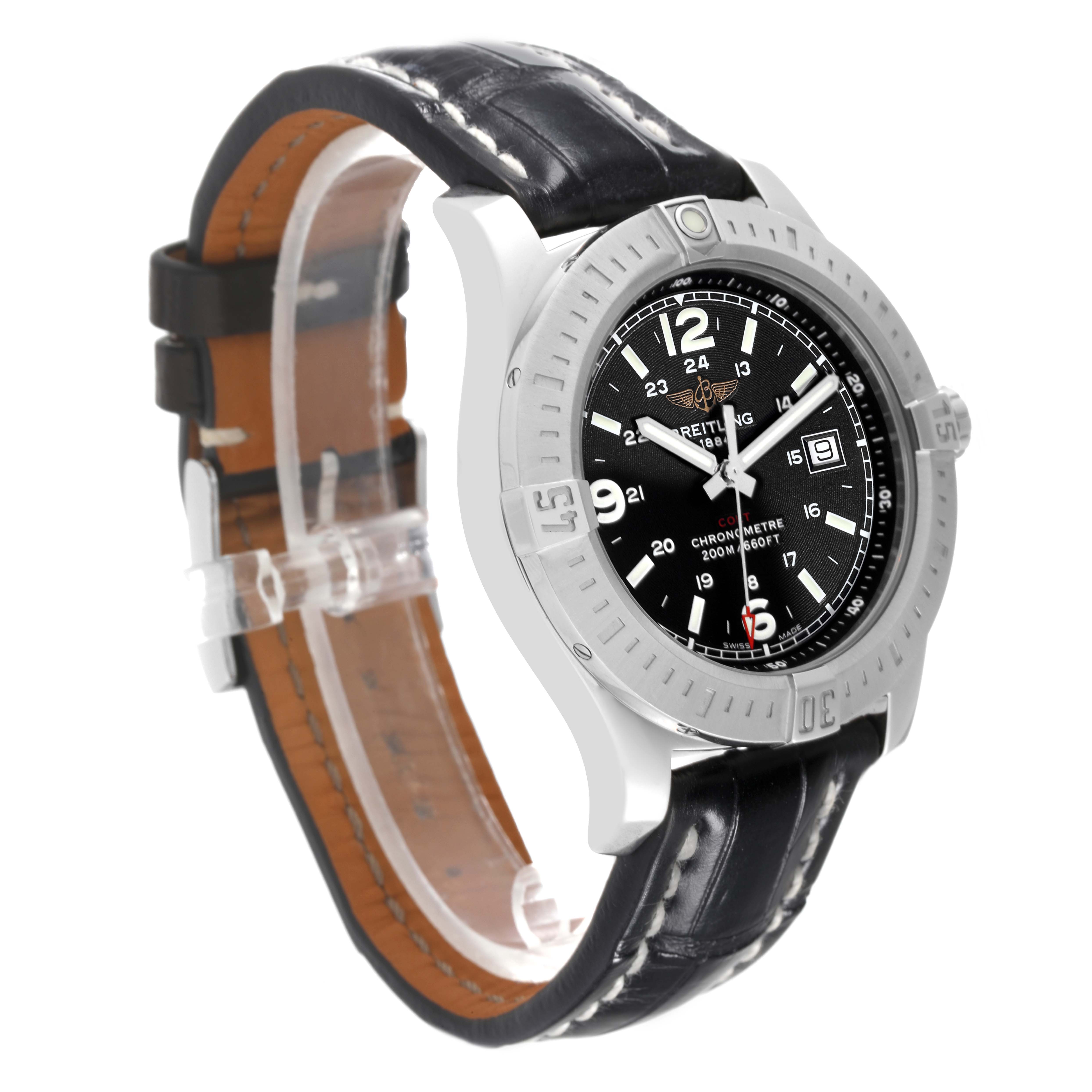 The image shows a Breitling Colt A74388 Men's Stainless Steel Black Dial A74388 Men's Stainless Steel Black Dial watch from an oblique angle, detailing its black leather strap, silver bezel, and black dial.