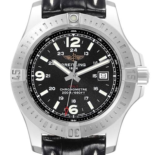 The image shows a front view of the Breitling Colt watch, displaying its bezel, dial, hands, numerals, and date window.