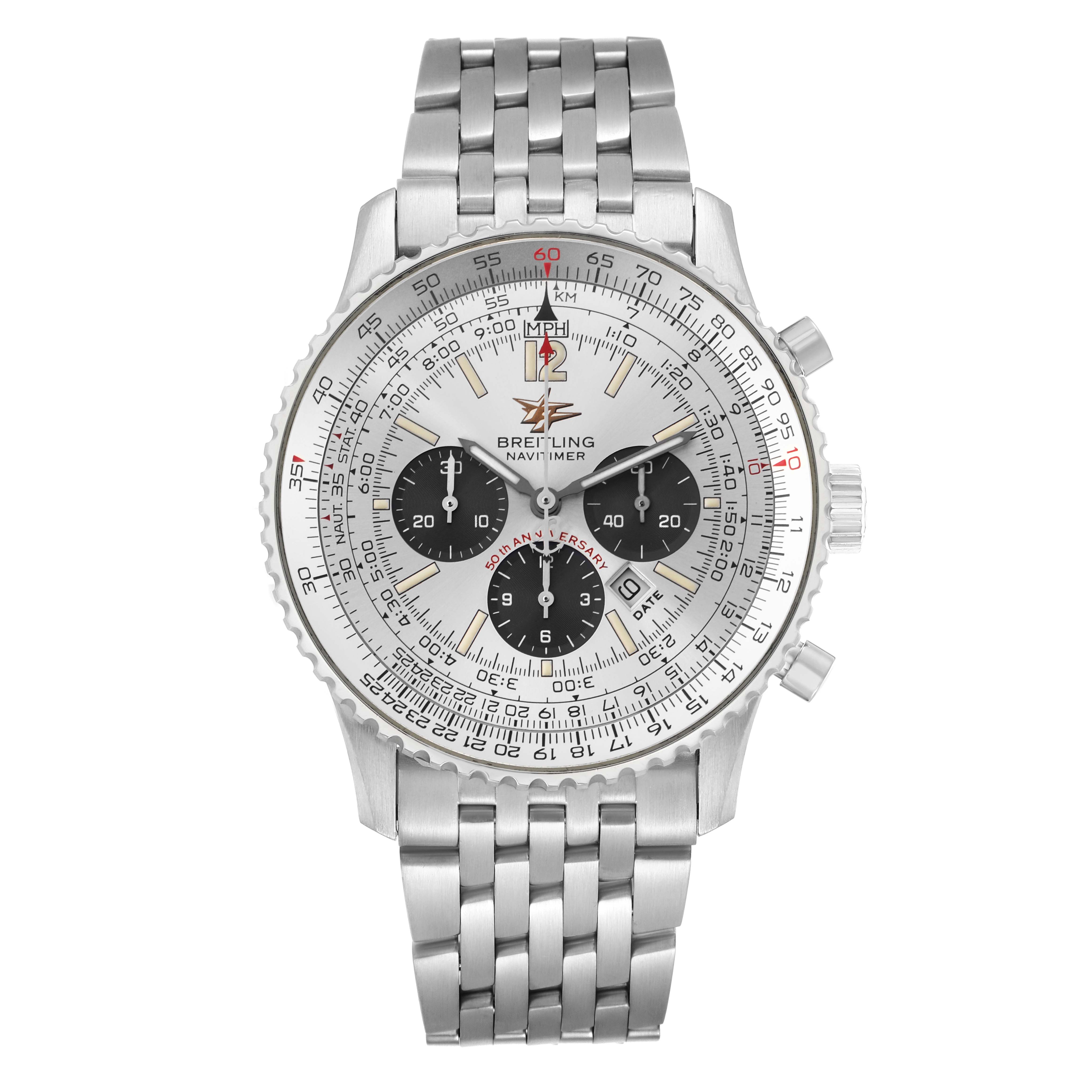 The Breitling Navitimer A41322 Men
s Stainless Steel Silver Dial watch is shown from a front angle, displaying the bezel, dial, subdials, and bracelet.