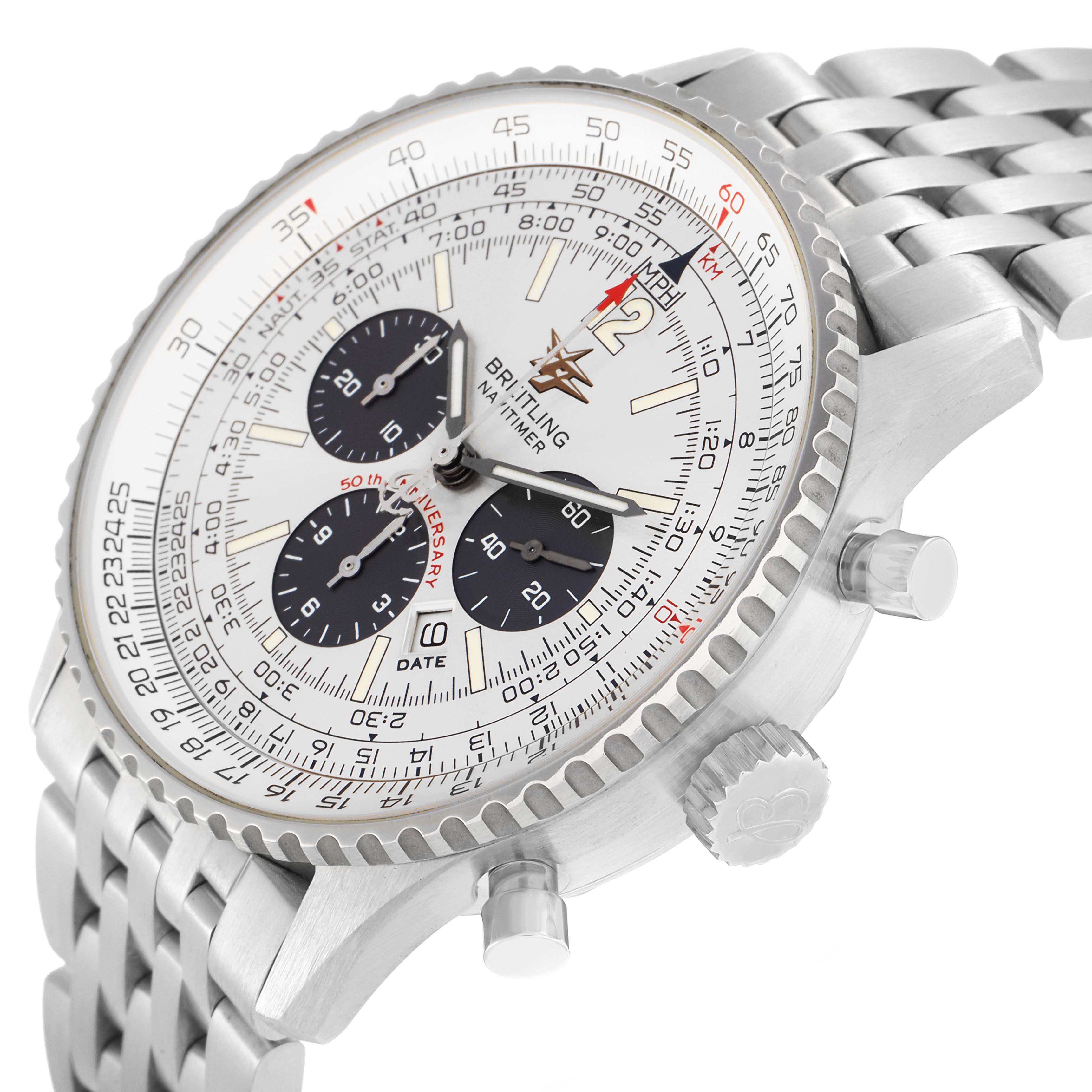 The Breitling Navitimer A41322 Men
s Stainless Steel Silver Dial watch is shown at a tilted angle, highlighting the bezel, chronograph dials, and crown.