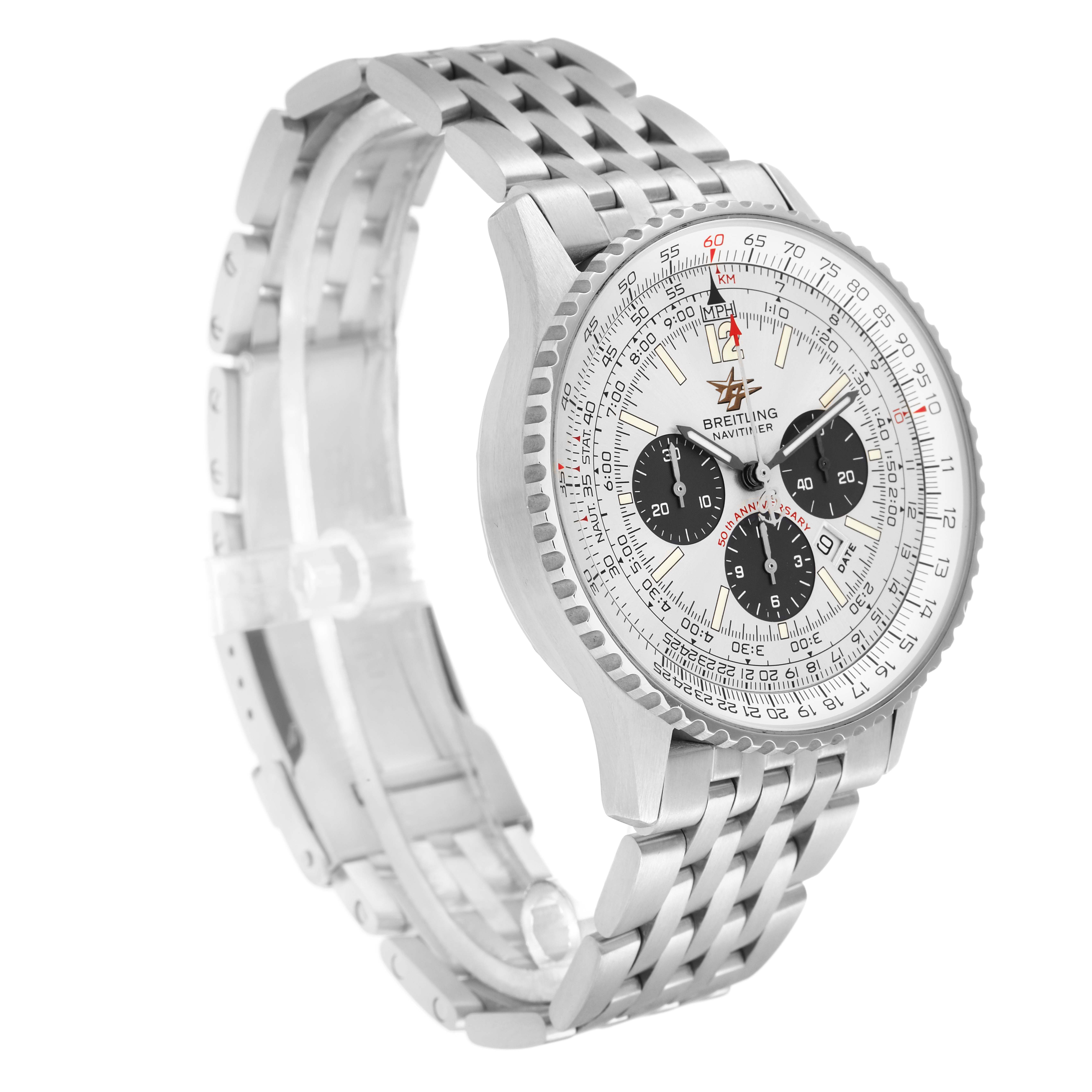 The Breitling Navitimer A41322 Men
s Stainless Steel Silver Dial watch is shown at a slight angle, highlighting its face, bezel, and metal bracelet.