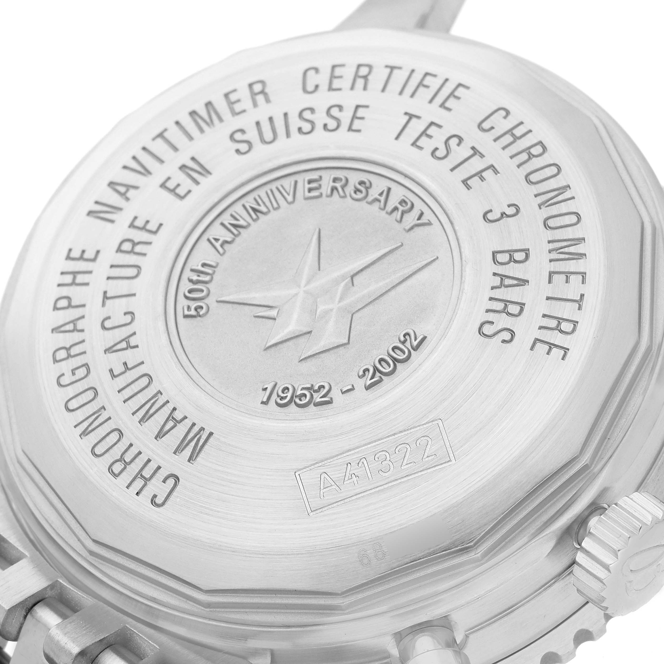 The image shows the back case of a Breitling Navitimer A41322 Men
s Stainless Steel Silver Dial watch, displaying anniversary engravings and model details.