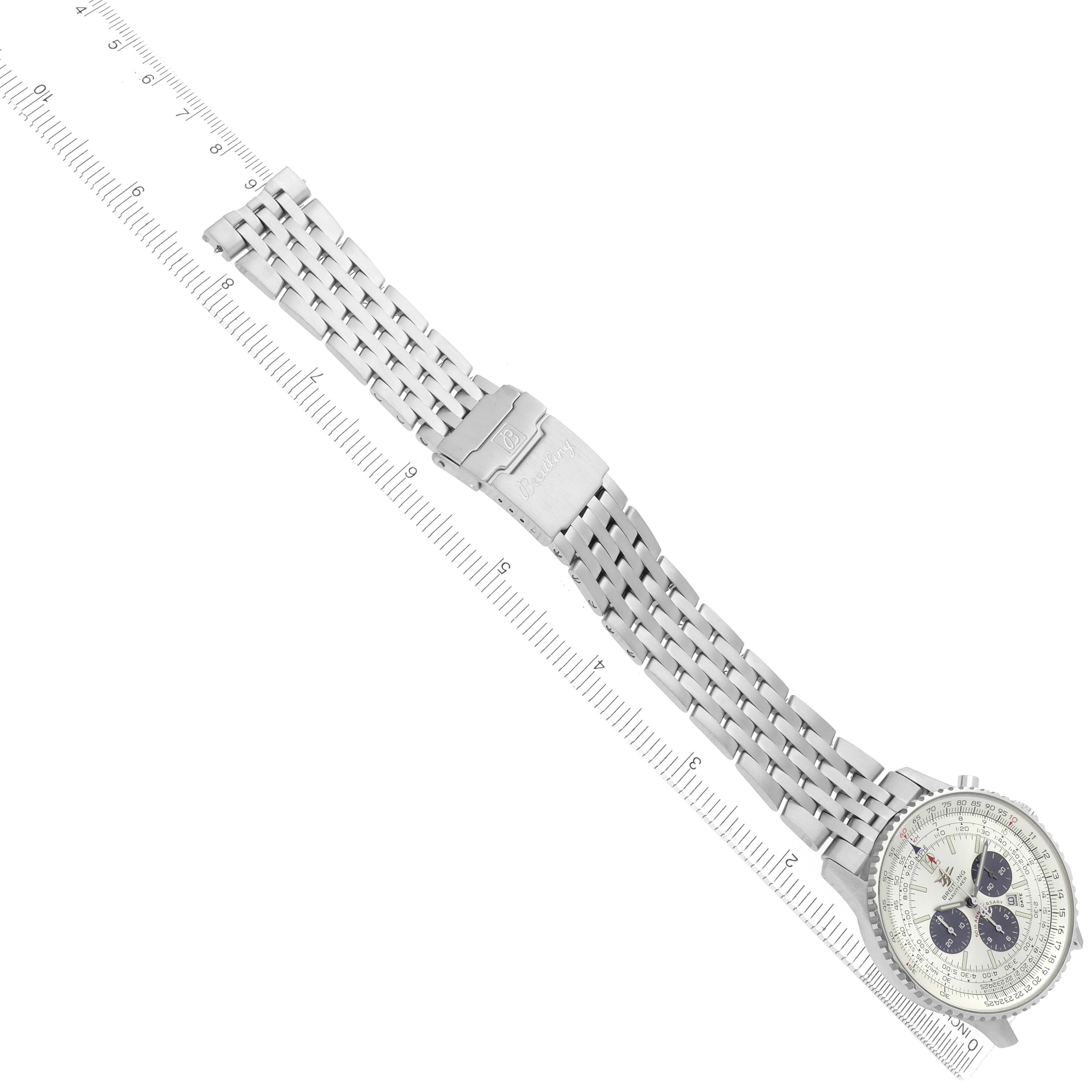 The Breitling Navitimer A41322 Men
s Stainless Steel Silver Dial watch is shown at a slight angle, featuring the bracelet, clasp, and face with ruler measurements.