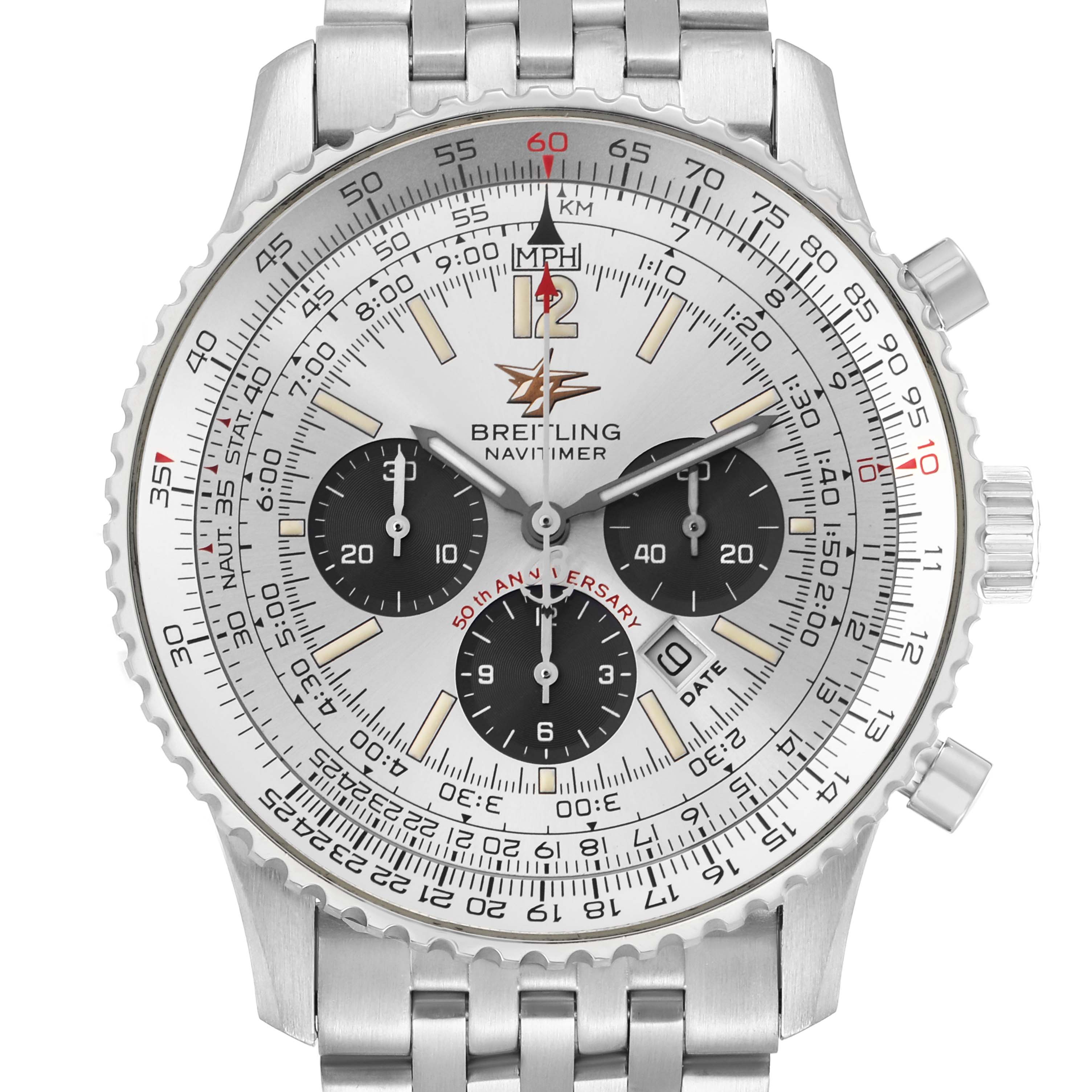 The Breitling Navitimer A41322 Men
s Stainless Steel Silver Dial watch is shown from a top-down angle, highlighting its face, dials, and metal bracelet.