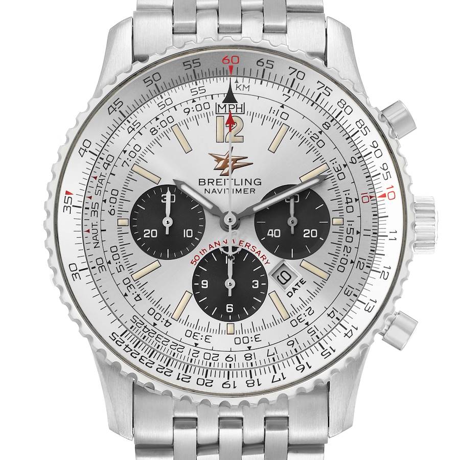 The Breitling Navitimer model A41322 is shown from a frontal angle, displaying the dial, bezel, chronograph sub-dials, and bracelet.