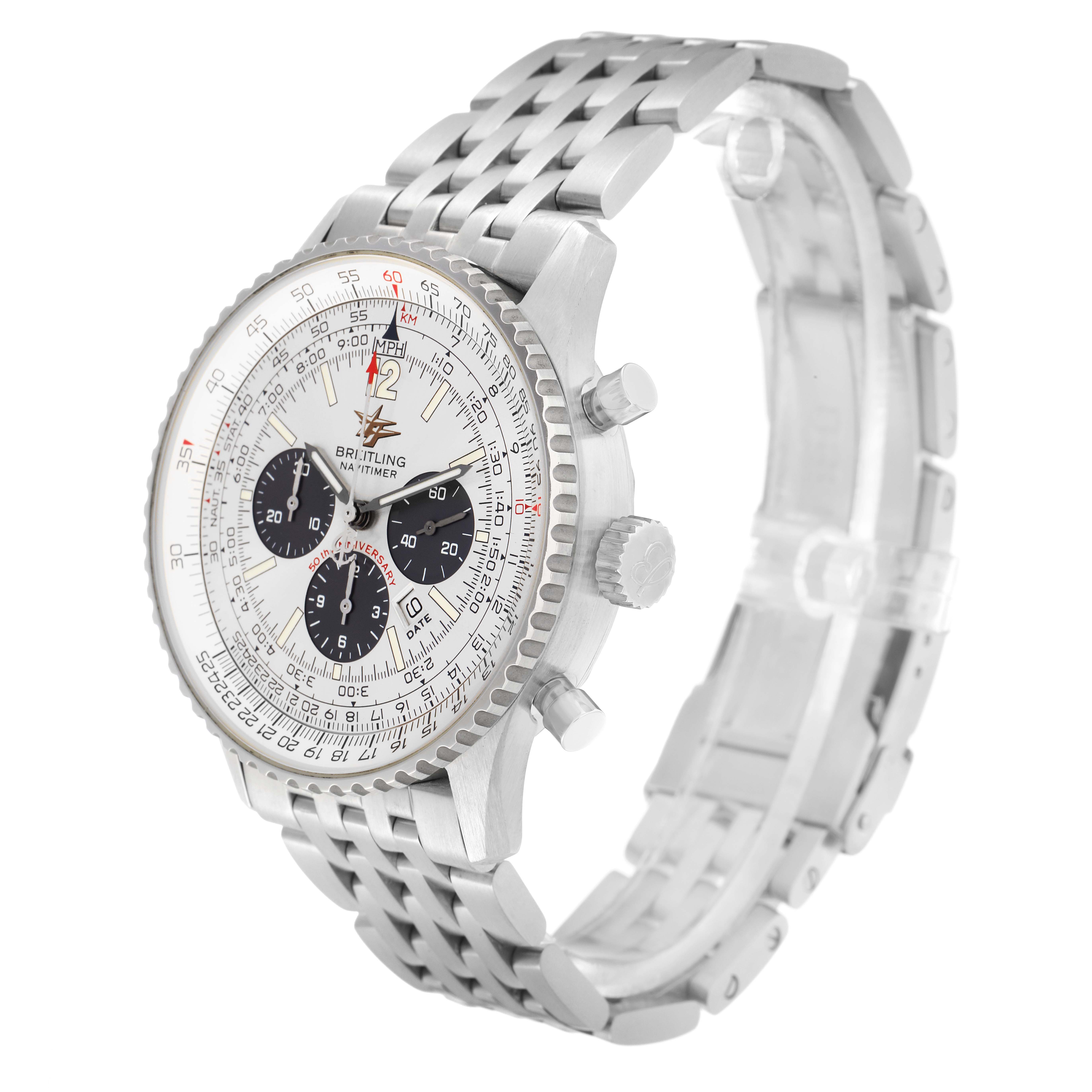 The Breitling Navitimer A41322 Men
s Stainless Steel Silver Dial watch is shown at a three-quarter angle, displaying its face, bezel, chronograph dials, and bracelet.