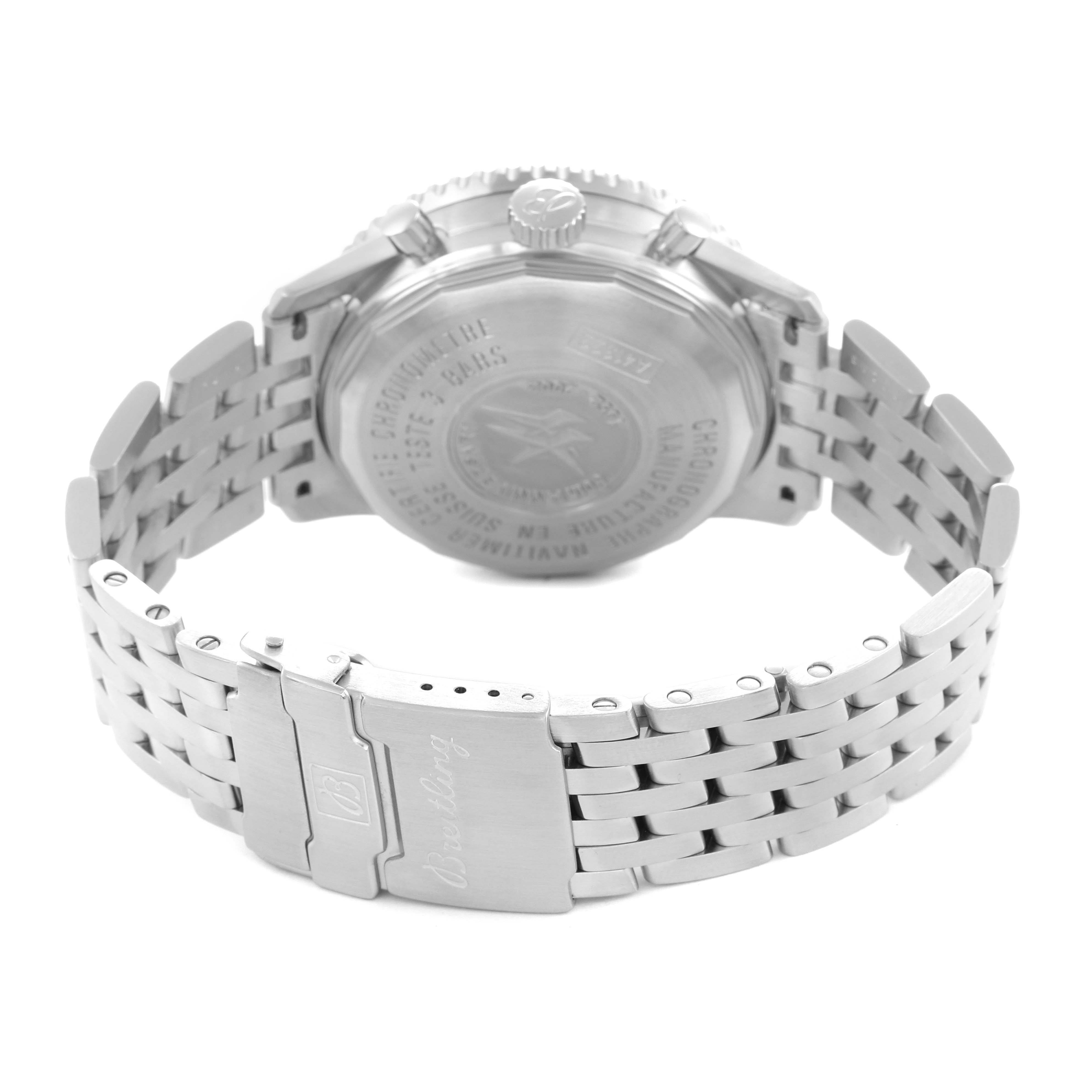 The image shows the backside and bracelet of a Breitling Navitimer A41322 Men
s Stainless Steel Silver Dial watch, highlighting the clasp and case back details.