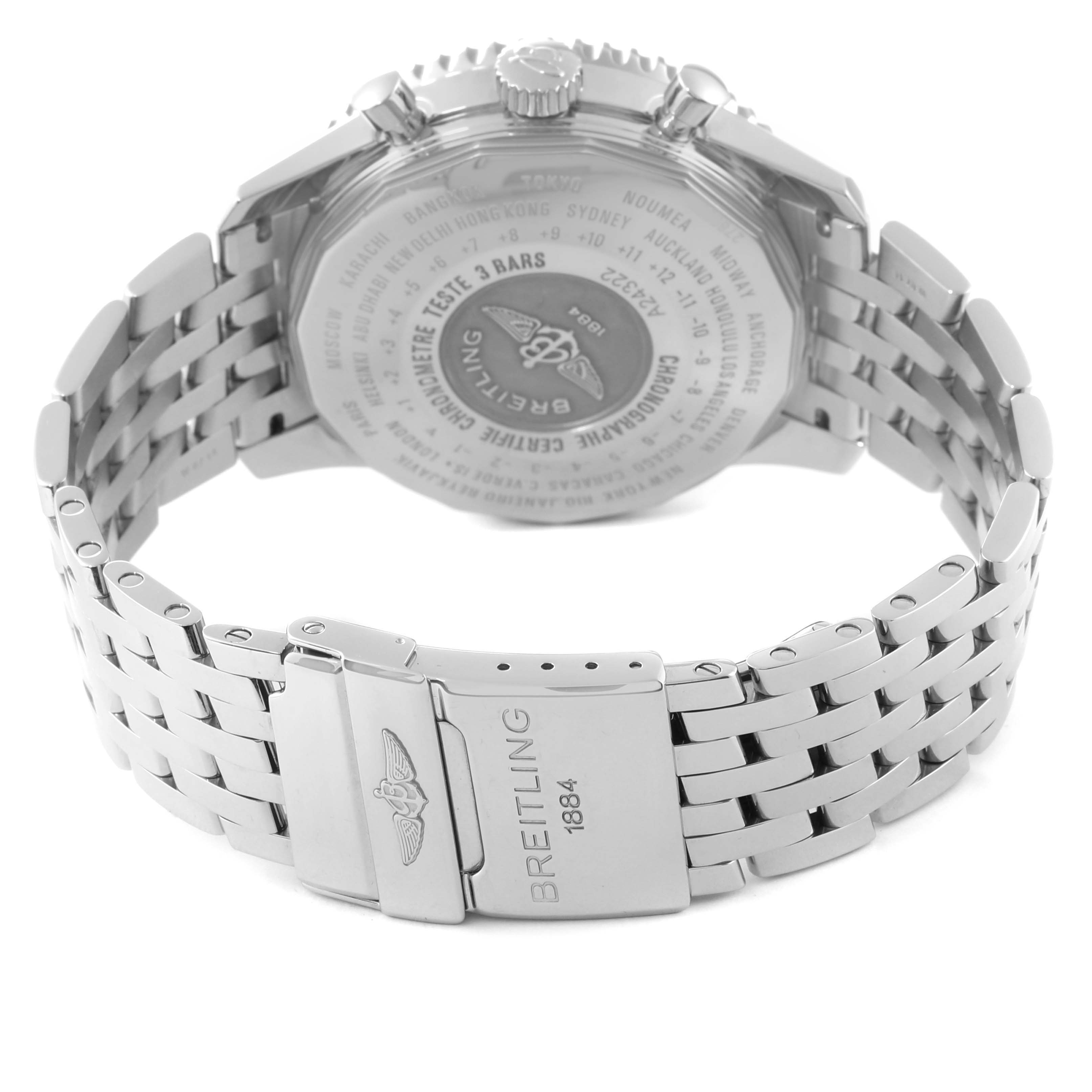 The image shows the back of a Breitling Navitimer A2432212/B726 Men's Stainless Steel Black Dial A2432212/B726 Men's Stainless Steel Black Dial watch and its stainless steel bracelet.