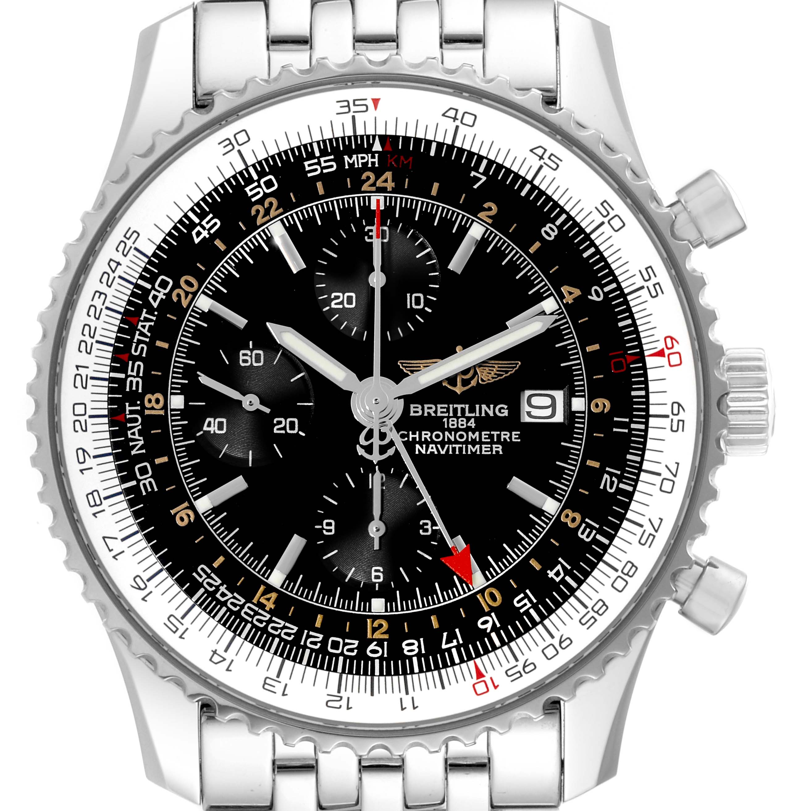 The image shows a front view of a Breitling Navitimer A2432212/B726 Men's Stainless Steel Black Dial A2432212/B726 Men's Stainless Steel Black Dial watch, displaying its dial, bezel, and metal bracelet.