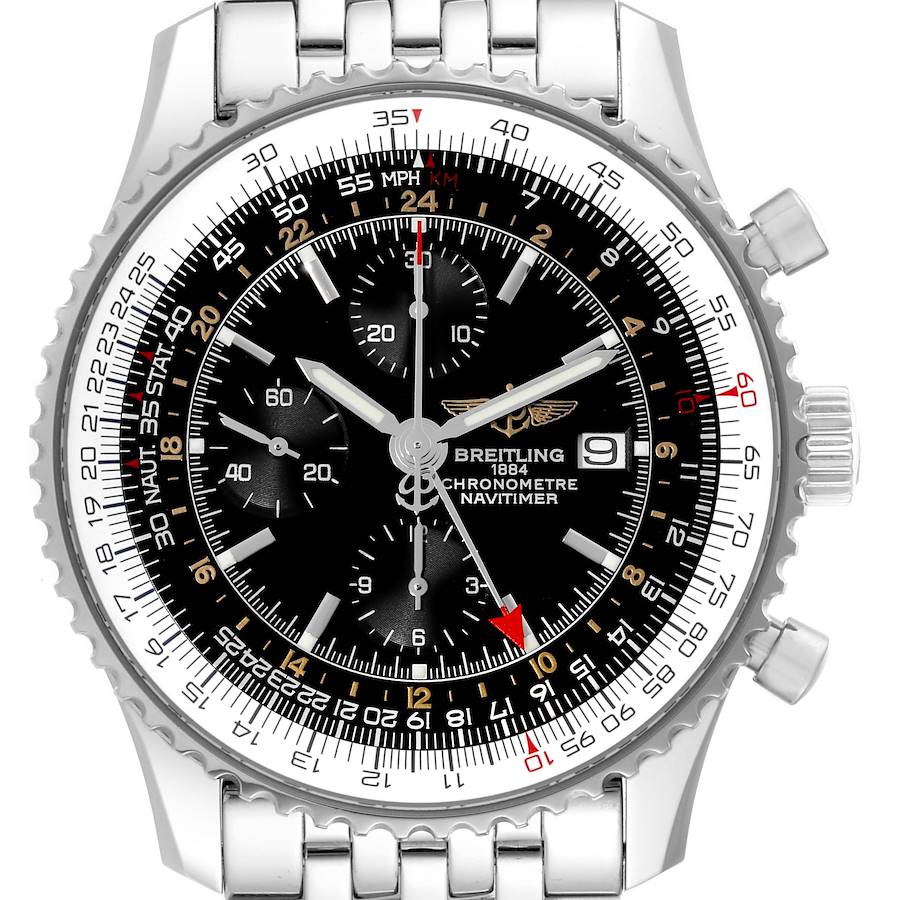 Breitling Navitimer World Black Dial Steel Mens Watch A24322 Box Card SwissWatchExpo