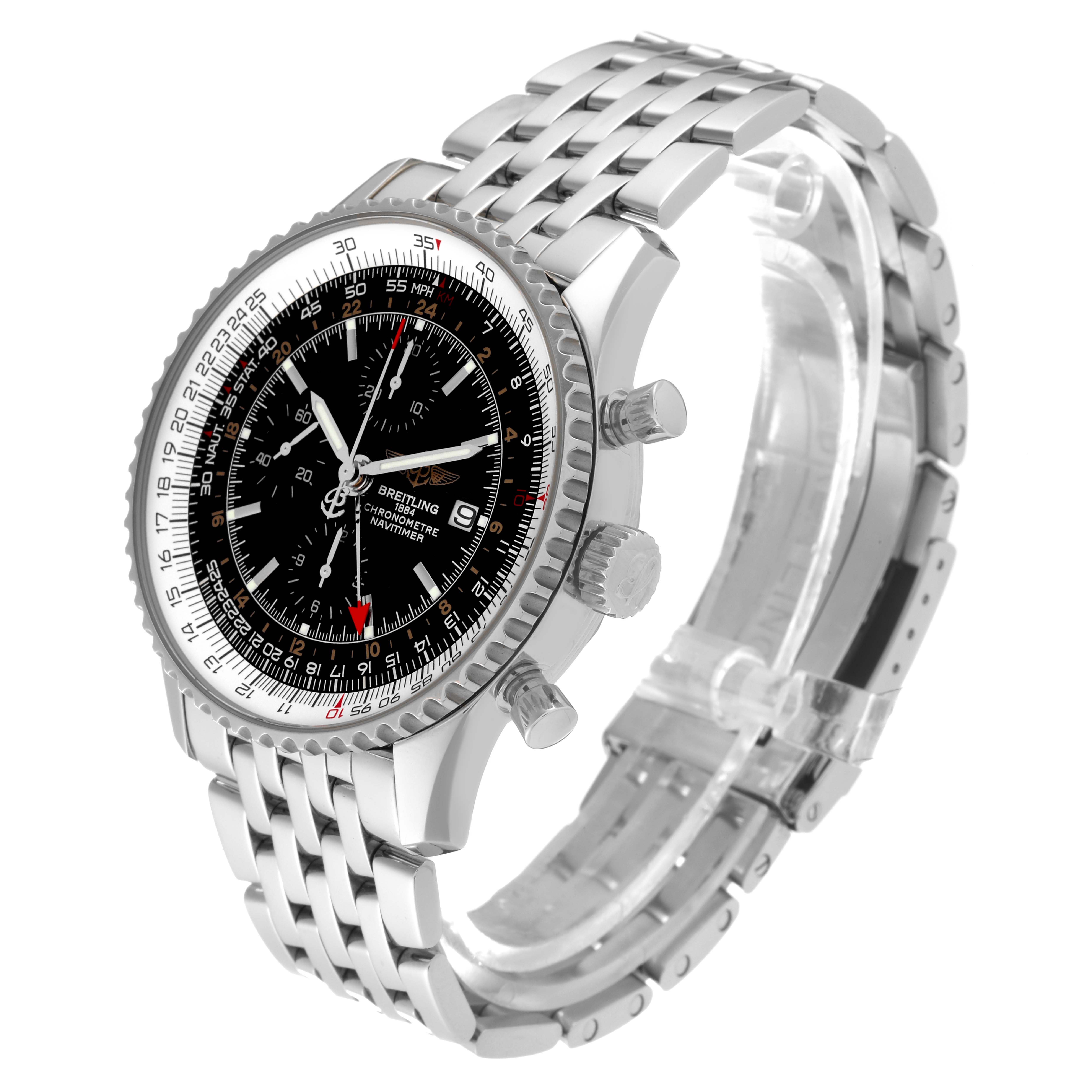The Breitling Navitimer A2432212/B726 Men's Stainless Steel Black Dial A2432212/B726 Men's Stainless Steel Black Dial watch is shown at a slight angle, displaying the case, dial, bezel, crown, pushers, and bracelet.