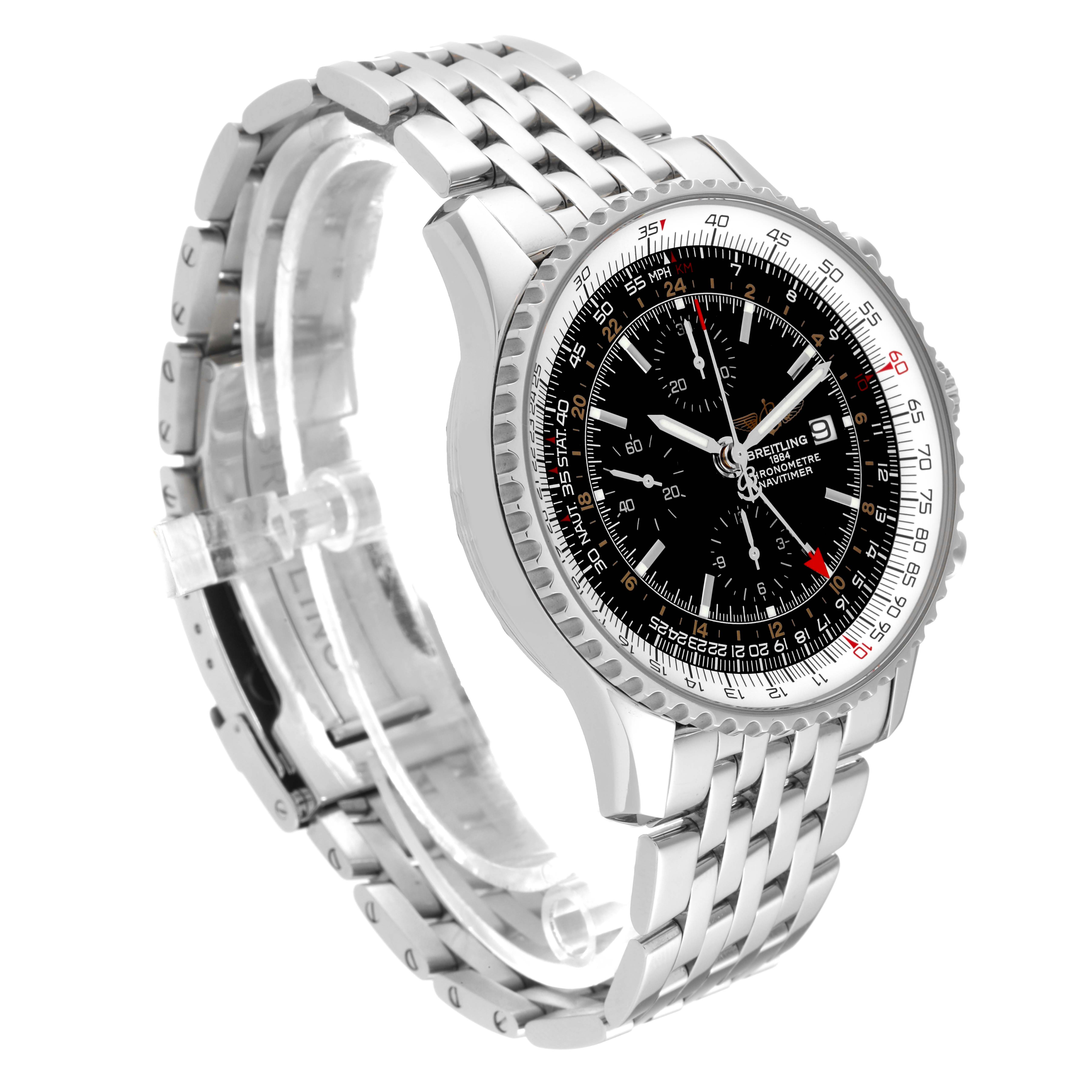 The Breitling Navitimer A2432212/B726 Men's Stainless Steel Black Dial A2432212/B726 Men's Stainless Steel Black Dial watch is shown from an angled side view, displaying the face, bezel, and metal bracelet.