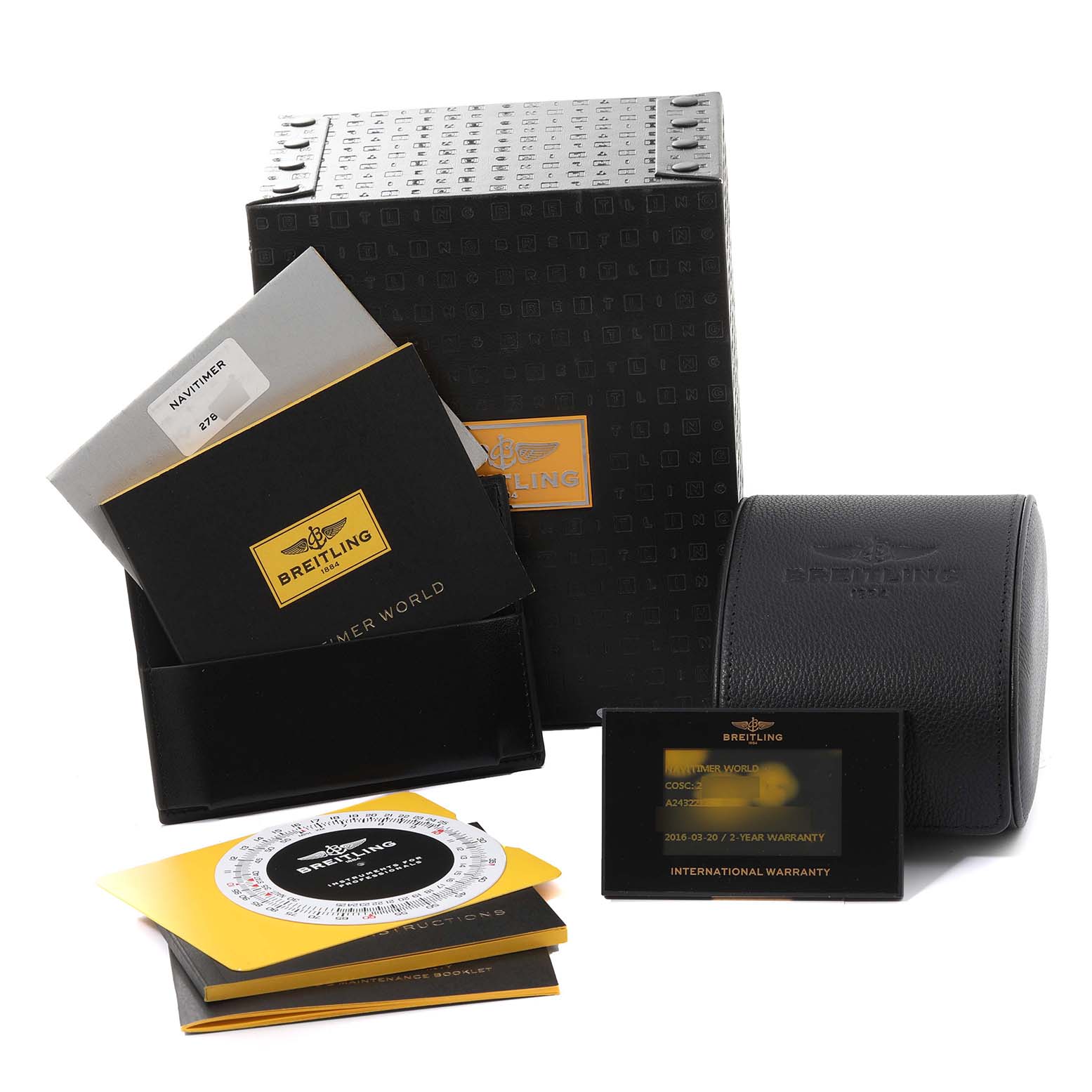 This image shows the packaging, documentation, warranty card, and accessories for a Breitling Navitimer A2432212/B726 Men's Stainless Steel Black Dial A2432212/B726 Men's Stainless Steel Black Dial watch.