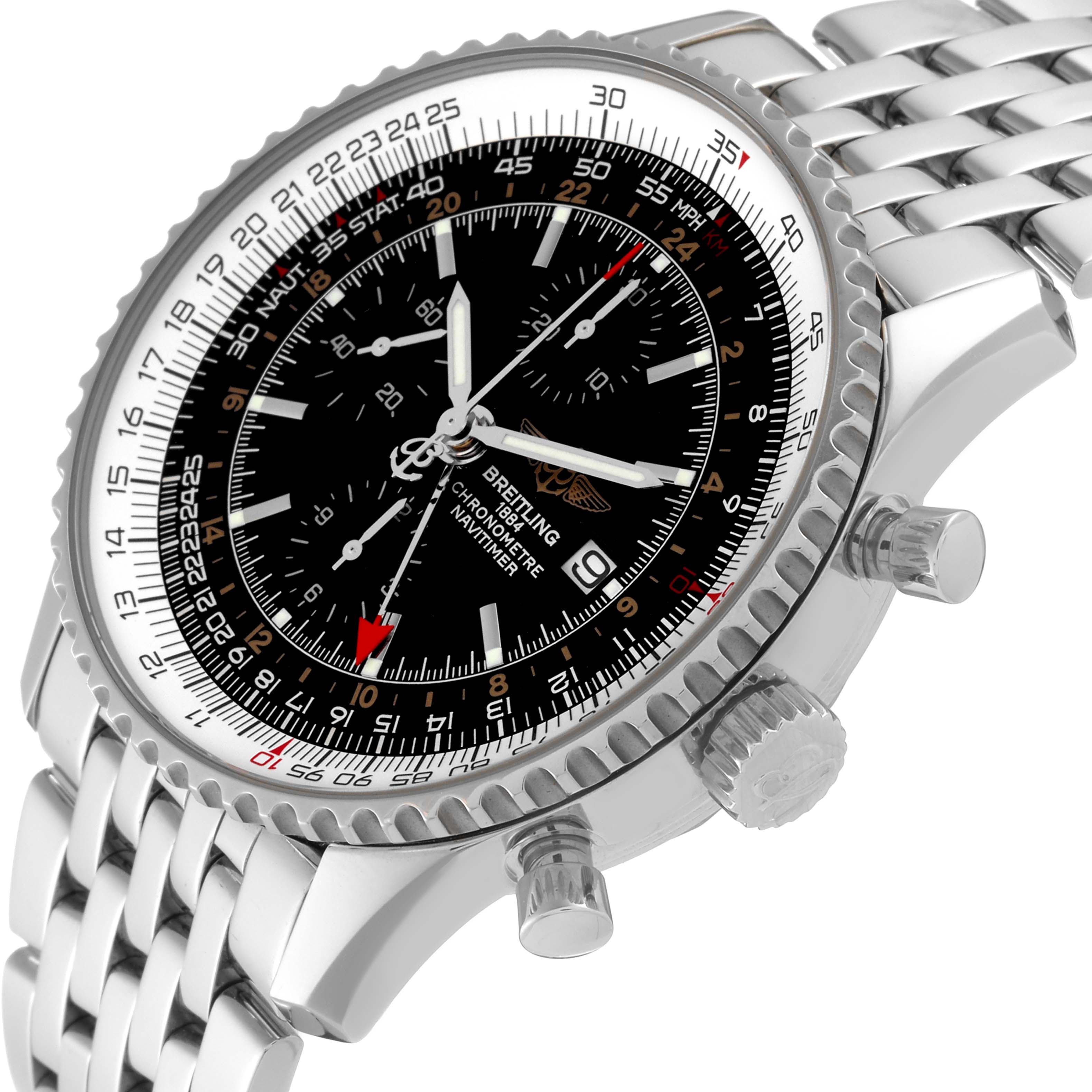 The Breitling Navitimer A2432212/B726 Men's Stainless Steel Black Dial A2432212/B726 Men's Stainless Steel Black Dial watch is shown at a slight angle, highlighting its bezel, dial, chronograph, and metal strap.