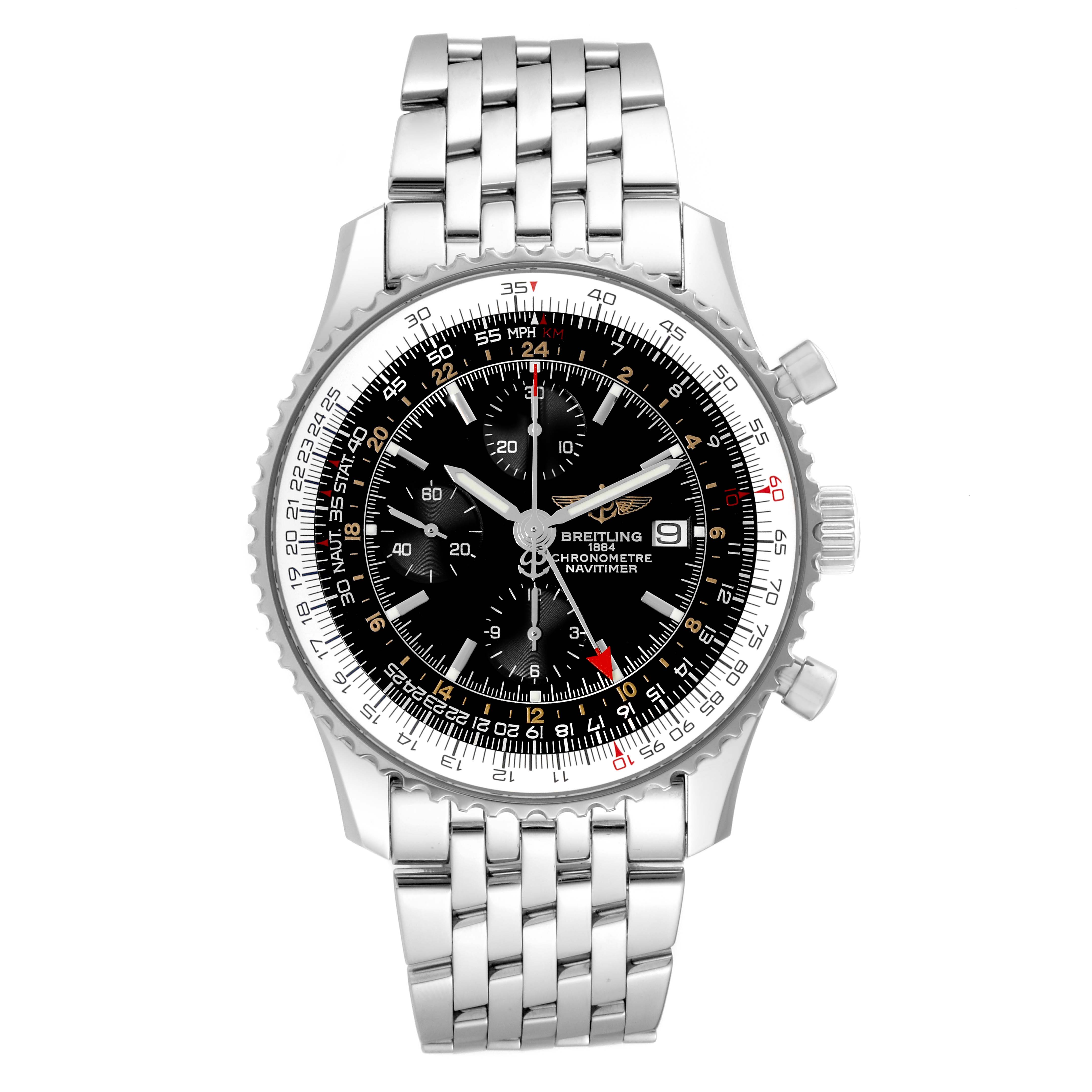 The image shows a front view of a Breitling Navitimer A2432212/B726 Men's Stainless Steel Black Dial A2432212/B726 Men's Stainless Steel Black Dial watch, showcasing its detailed dial, bezel, and stainless steel bracelet.