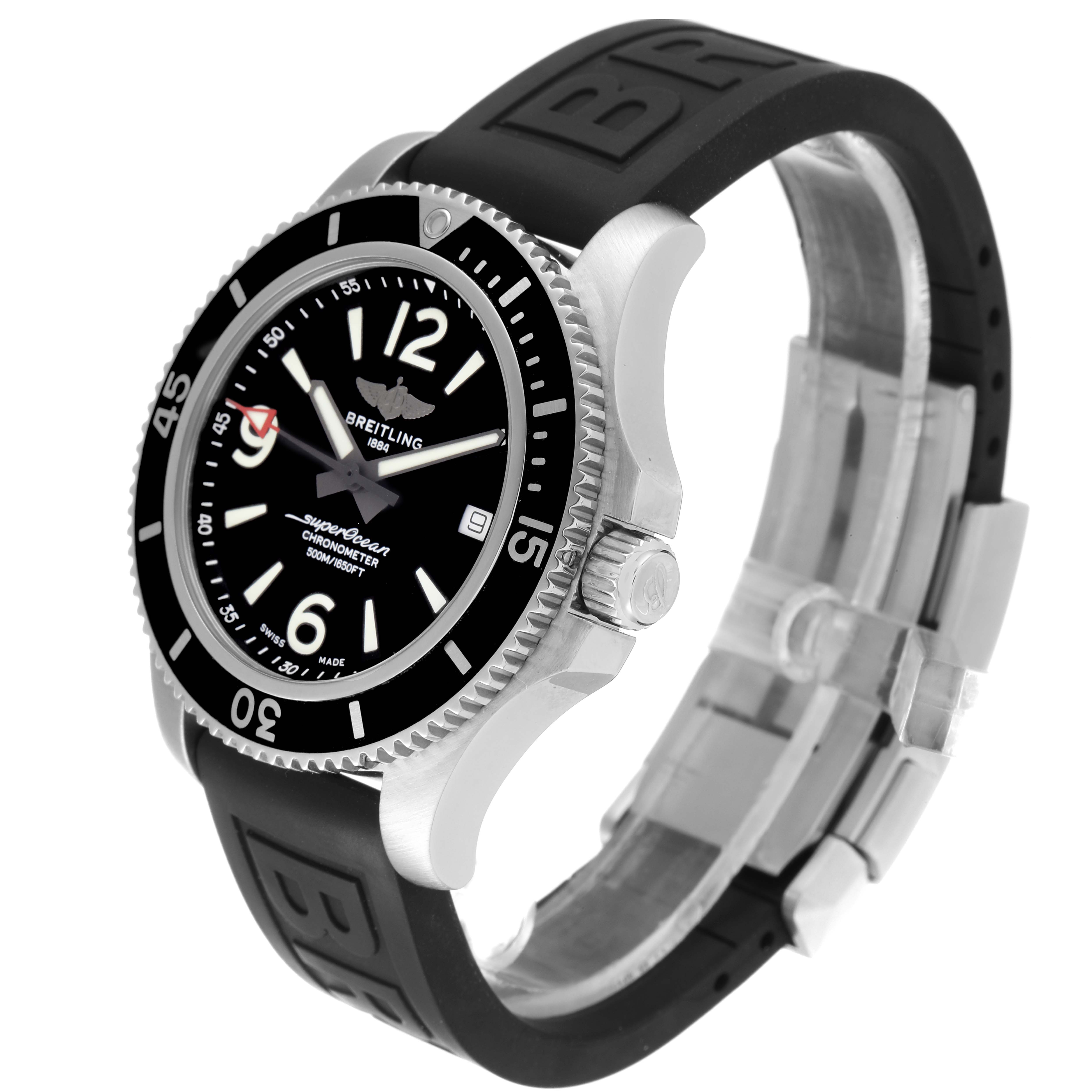 The Breitling Superocean A17366 Men's Stainless Steel Black Dial A17366 Men's Stainless Steel Black Dial watch is shown at a three-quarter angle, highlighting the face, bezel, crown, and strap.