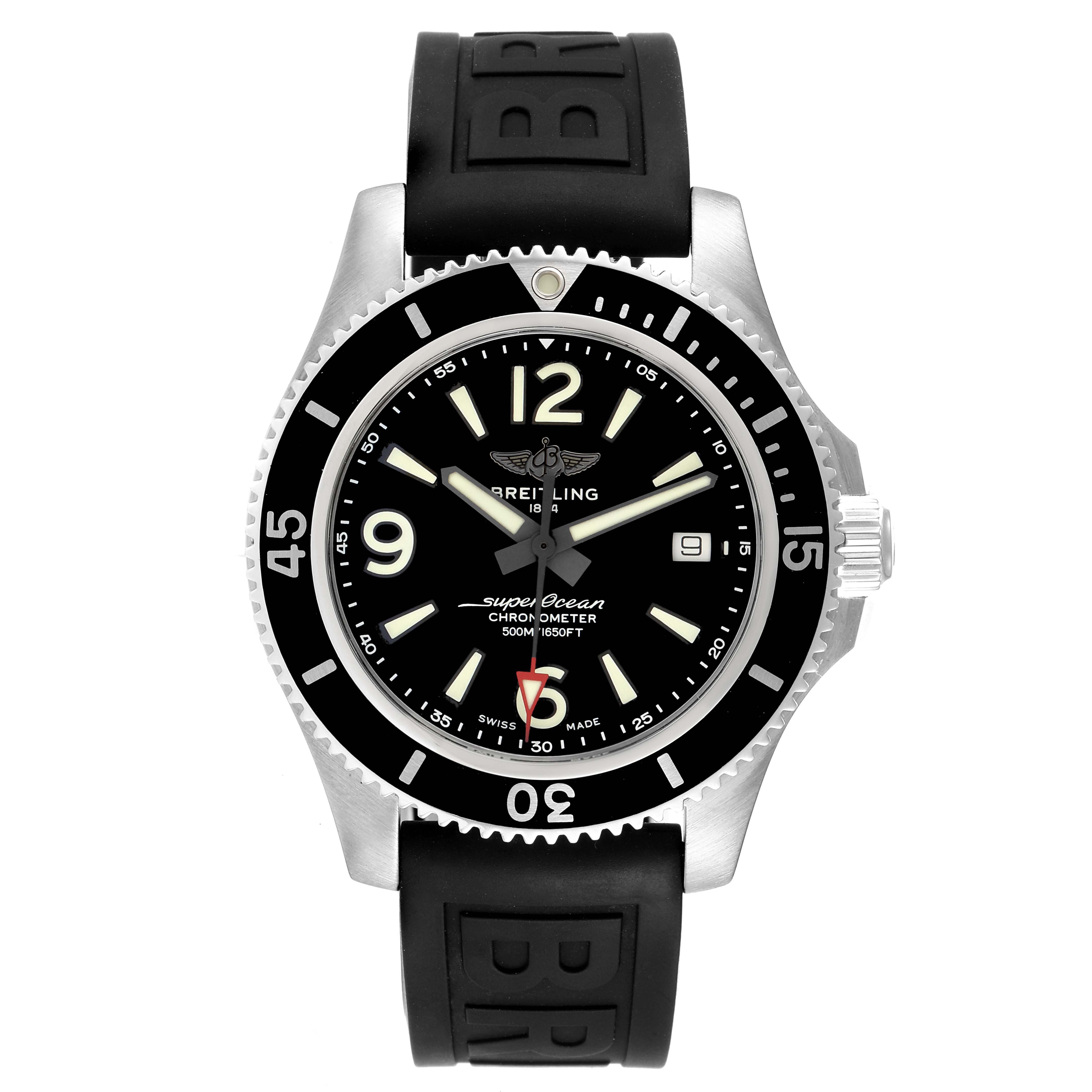 The Breitling Superocean A17366 Men's Stainless Steel Black Dial A17366 Men's Stainless Steel Black Dial watch is shown from the front, displaying the face, bezel, crown, and part of the rubber strap.