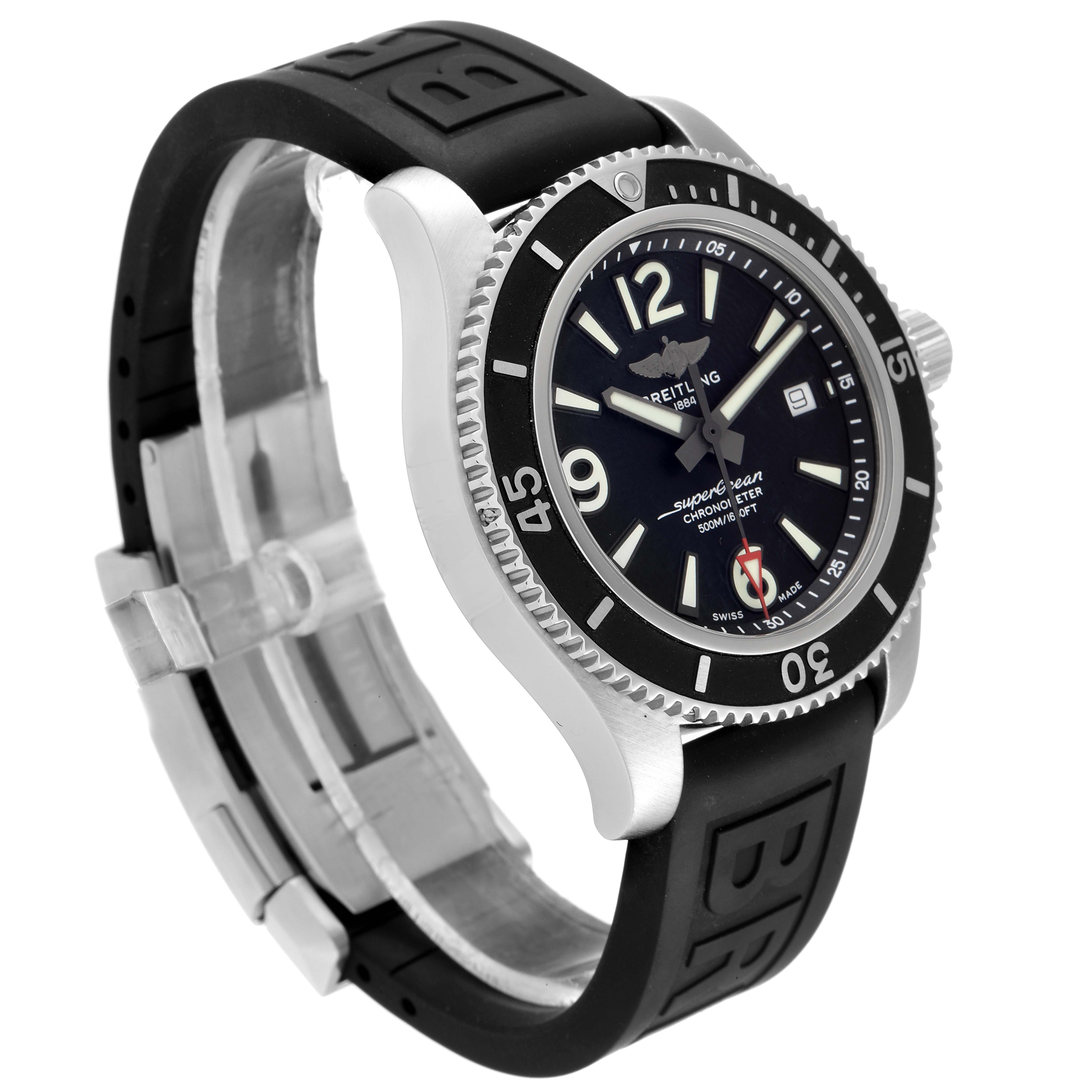 The image shows a Breitling Superocean A17366 Men's Stainless Steel Black Dial A17366 Men's Stainless Steel Black Dial watch from a front-side angle, highlighting the bezel, dial, and rubber strap with clasp.