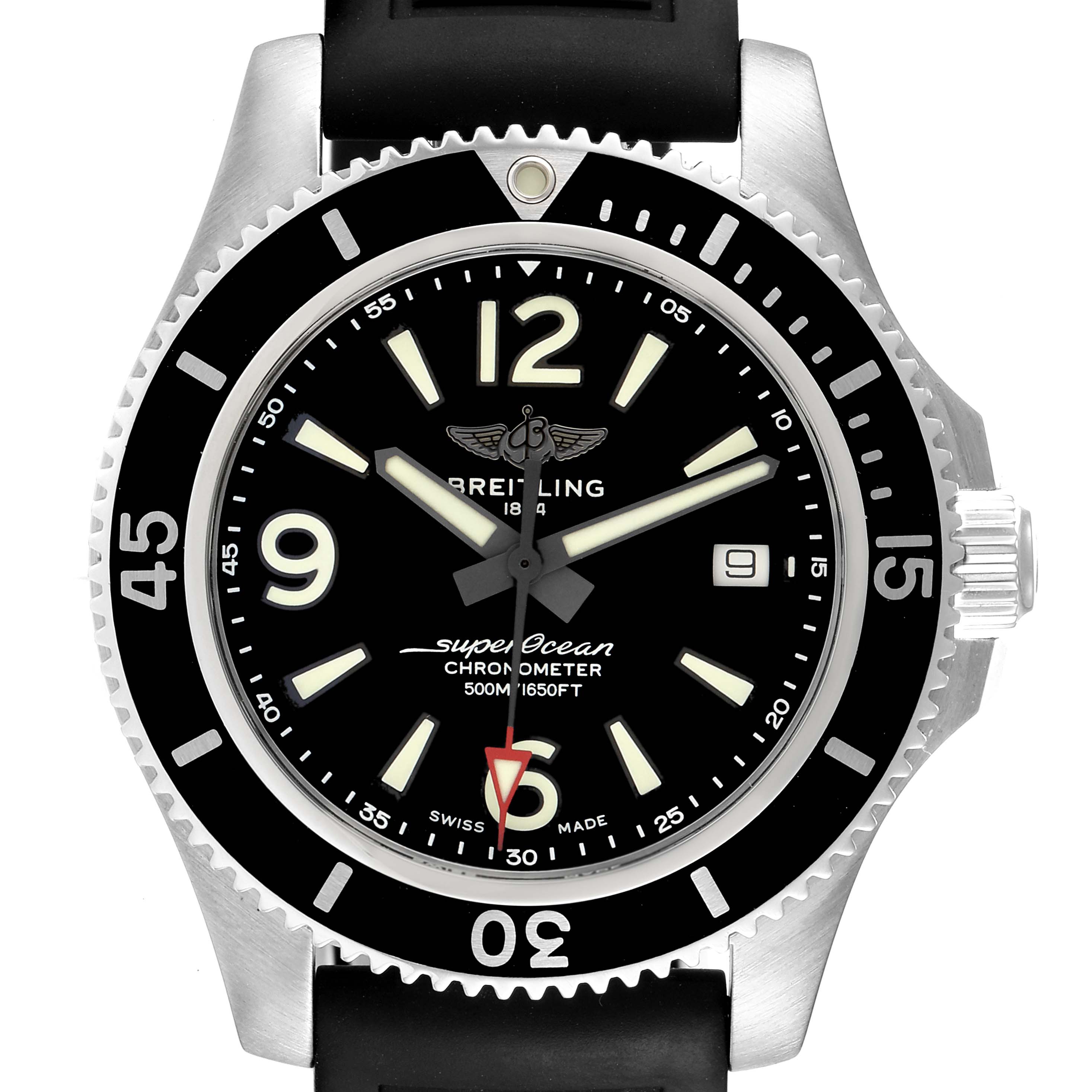 The image shows a close-up, front view of the Breitling Superocean A17366 Men's Stainless Steel Black Dial A17366 Men's Stainless Steel Black Dial watch face and bezel.