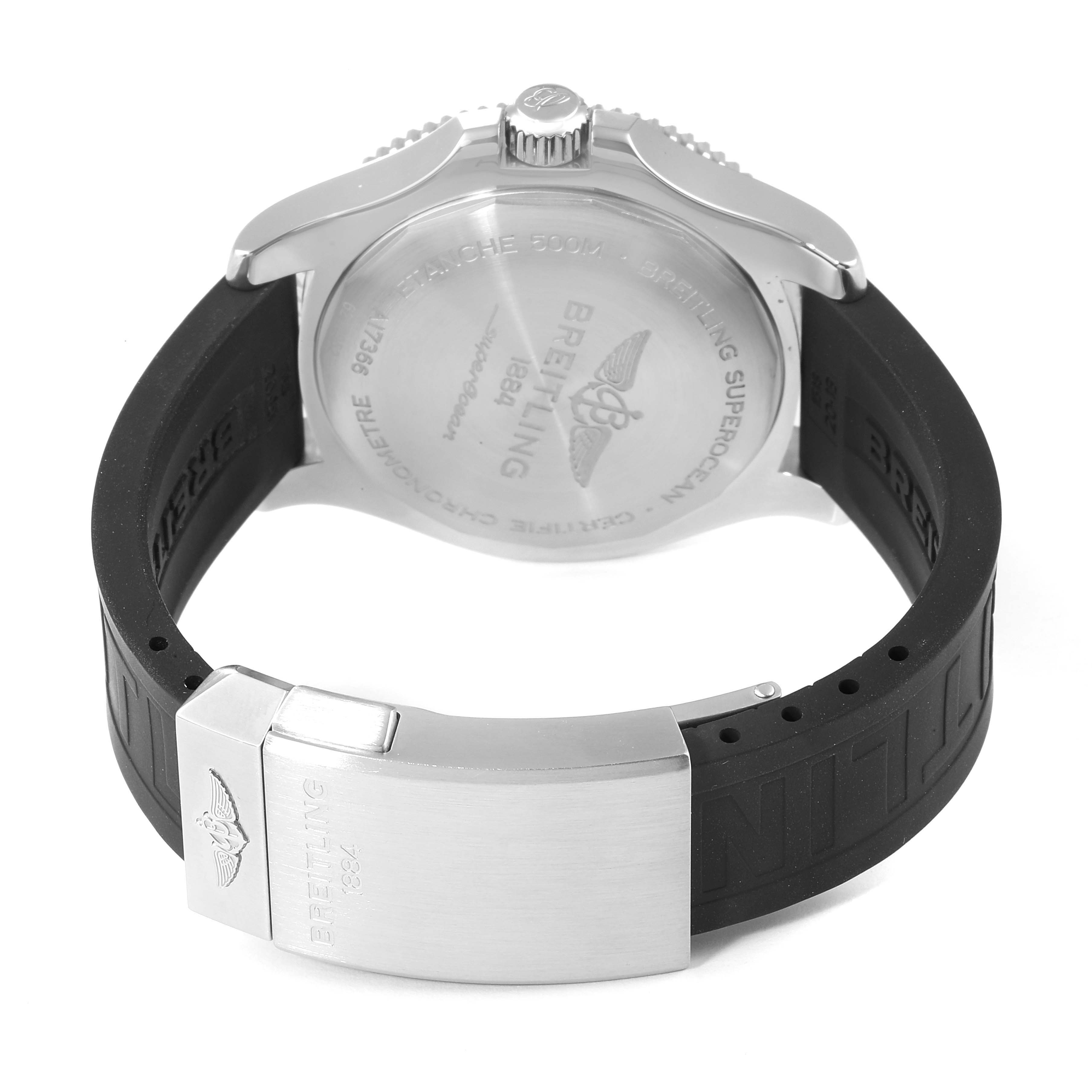 The image displays the back view of a Breitling Superocean A17366 Men's Stainless Steel Black Dial A17366 Men's Stainless Steel Black Dial watch, highlighting the case back, crown, and clasp on a black rubber strap.