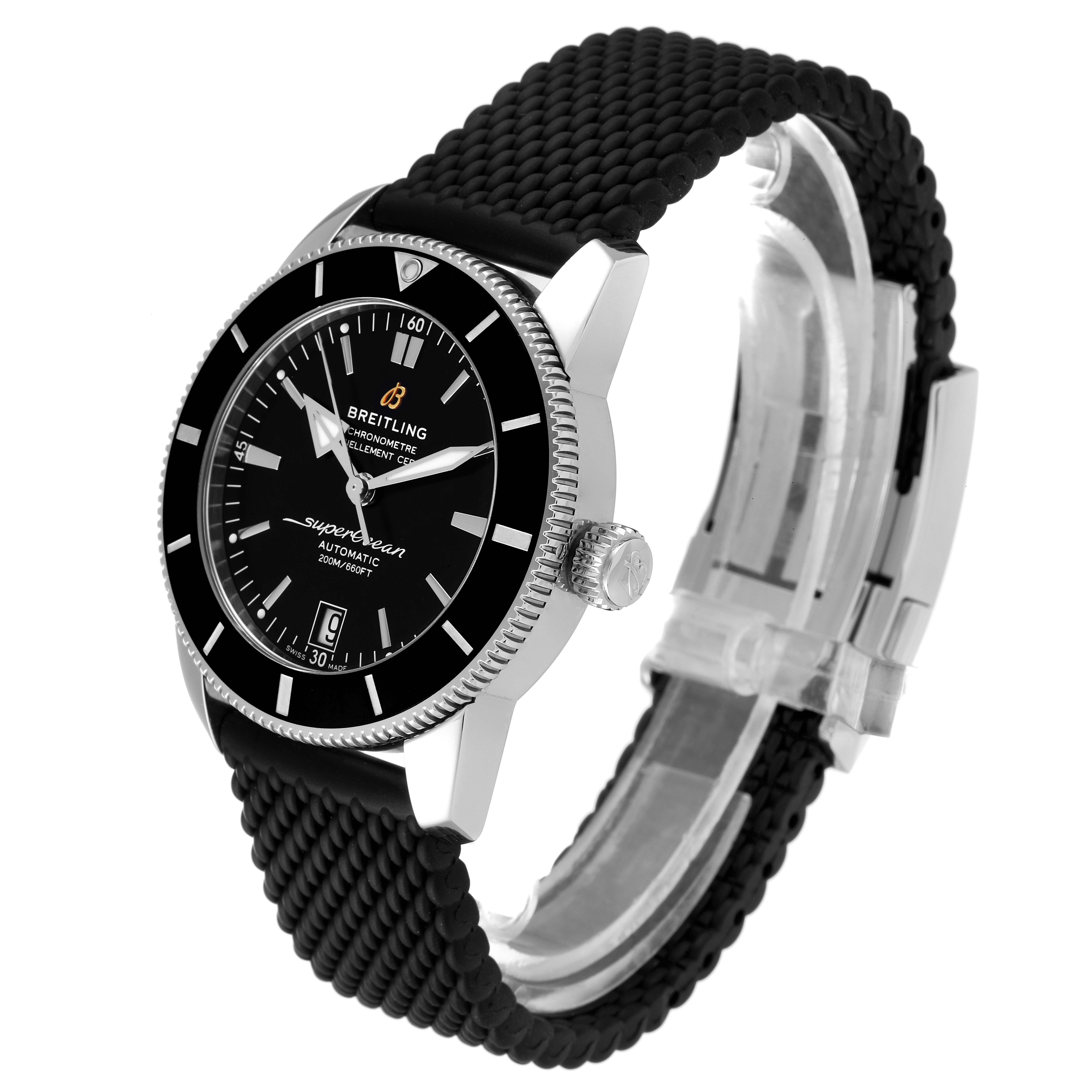 The Breitling Superocean AB2010161C1A1 Men
s Stainless Steel Black Dial AB2010161C1A1 Men
s Stainless Steel Black Dial watch is shown at a three-quarter angle, highlighting its black dial, bezel, crown, and black strap.