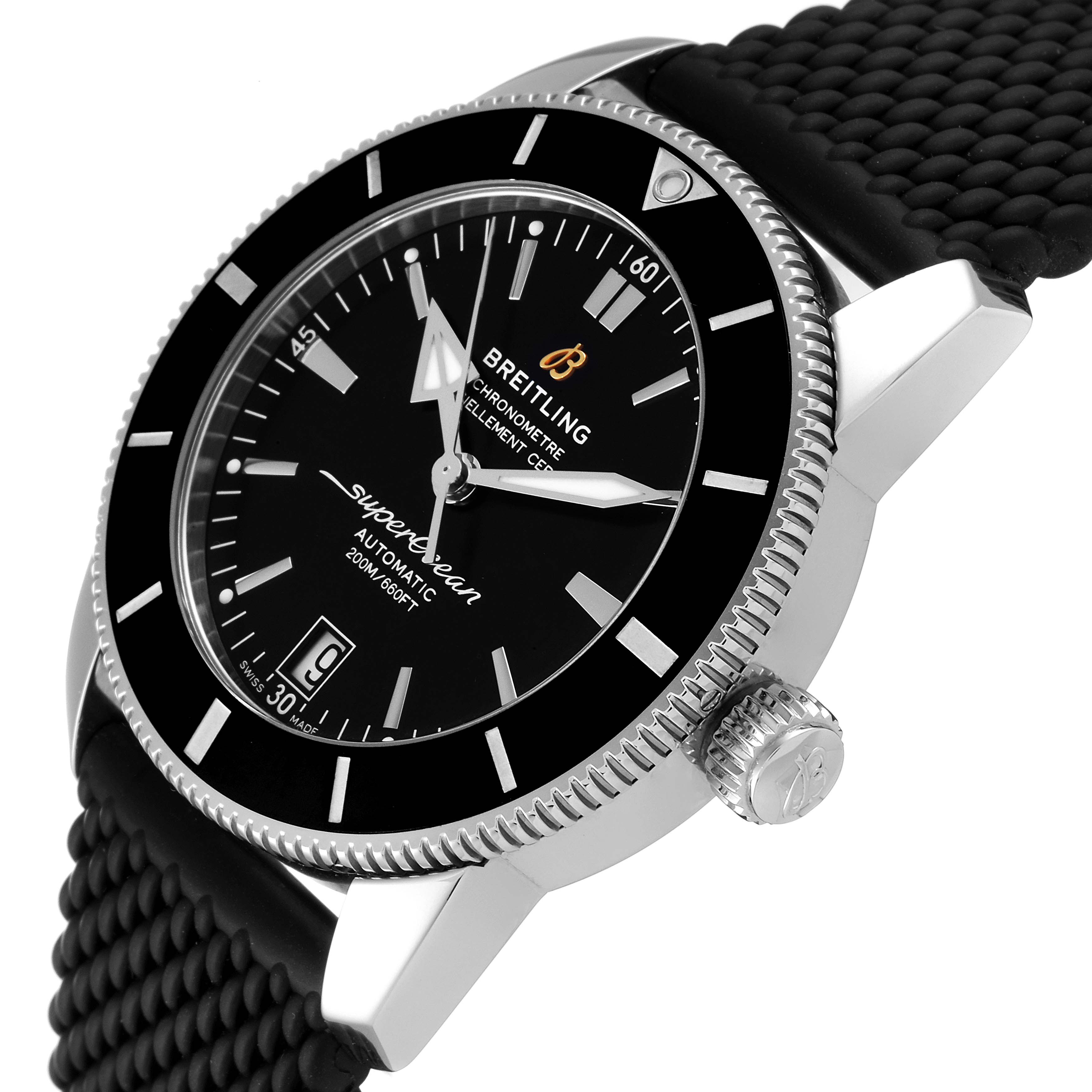 The image shows a Breitling Superocean AB2010161C1A1 Men
s Stainless Steel Black Dial AB2010161C1A1 Men
s Stainless Steel Black Dial watch at an oblique angle, highlighting the dial, bezel, crown, and part of the strap.