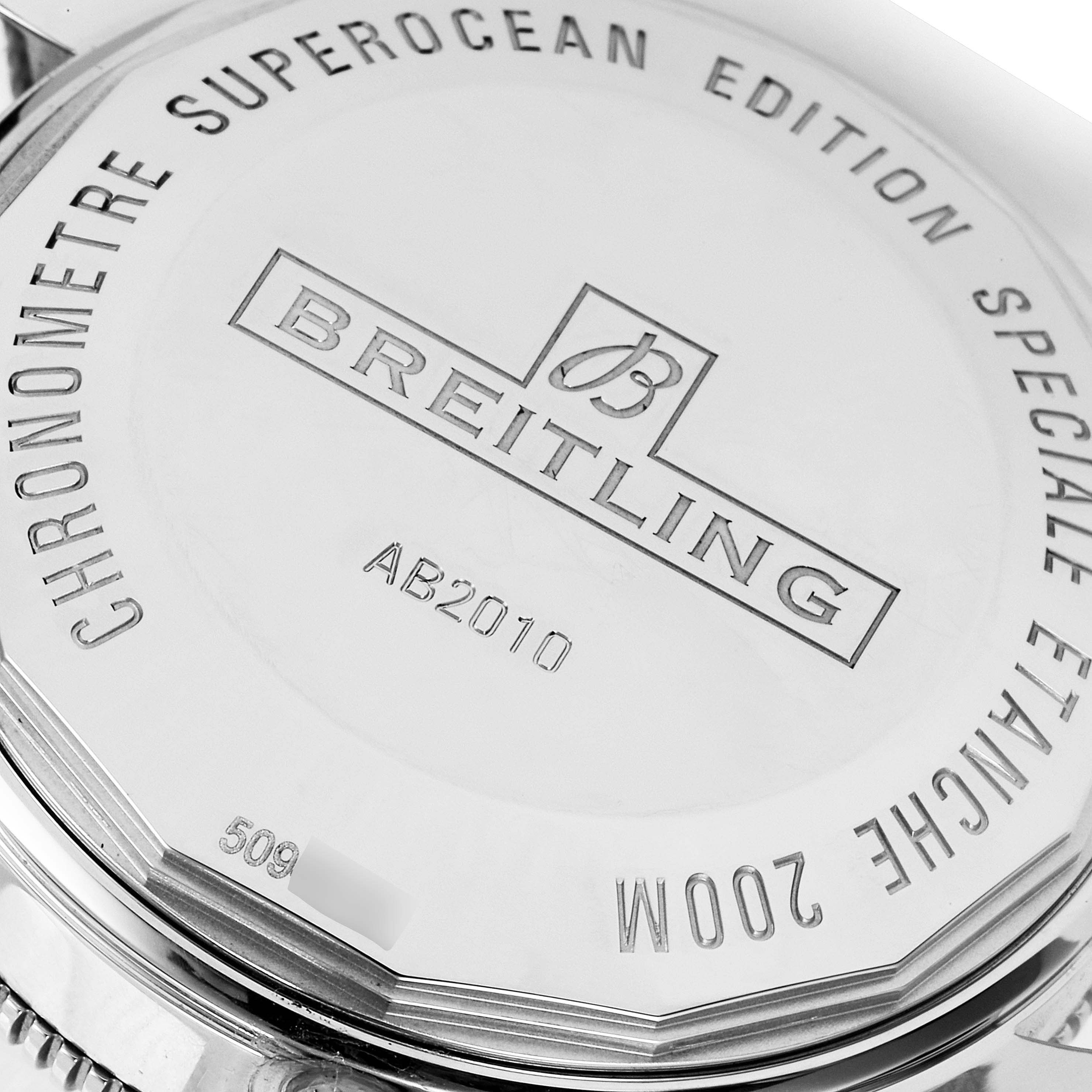The image shows the engraved case back of a Breitling Superocean AB2010161C1A1 Men
s Stainless Steel Black Dial AB2010161C1A1 Men
s Stainless Steel Black Dial watch from a slightly angled perspective.