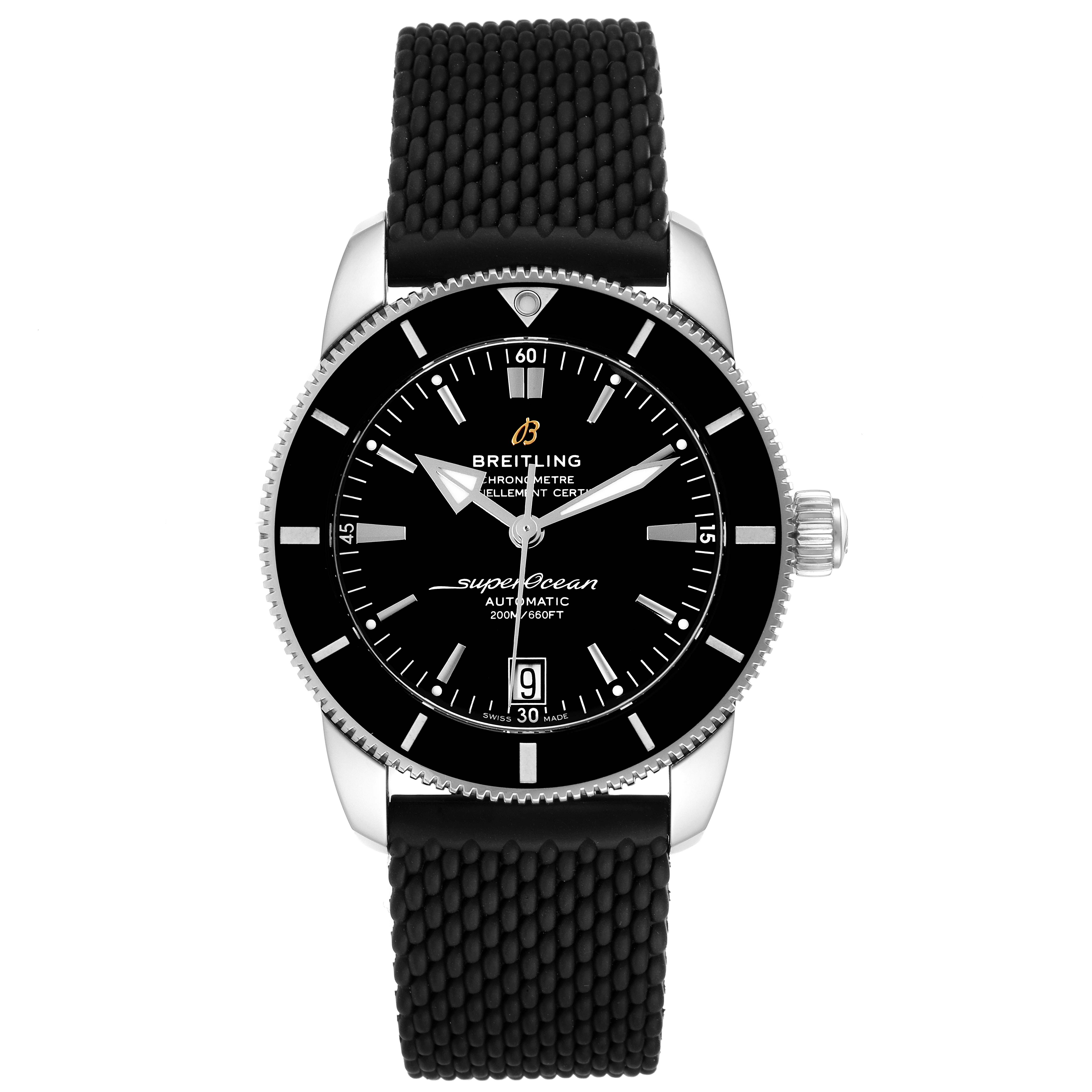 The Superocean model by Breitling is shown from the front, displaying the watch face, bezel, case, and the black rubber strap.