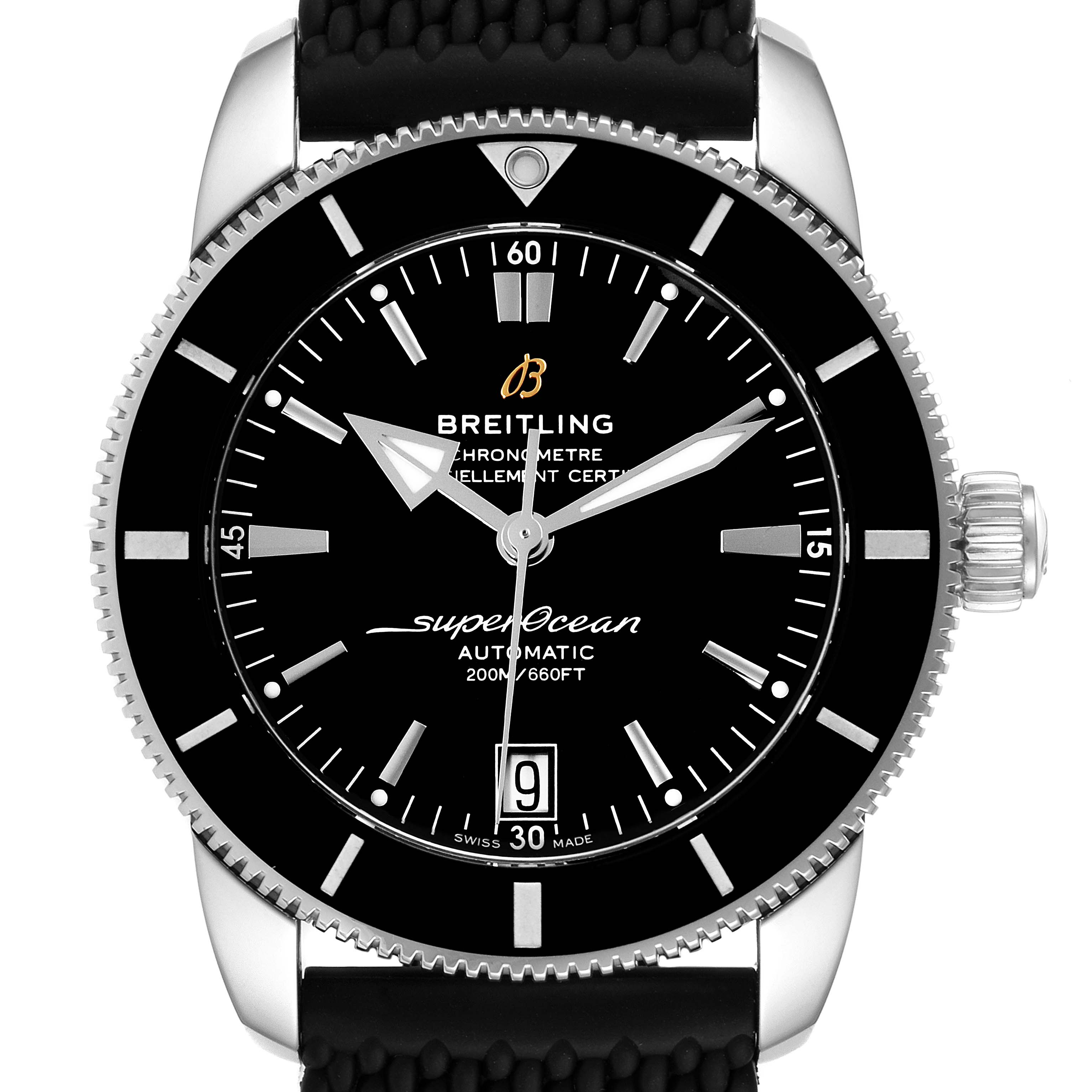 The Breitling Superocean AB2010161C1A1 Men
s Stainless Steel Black Dial AB2010161C1A1 Men
s Stainless Steel Black Dial watch is shown from a frontal angle, highlighting its dial, bezel, crown, and parts of the strap.