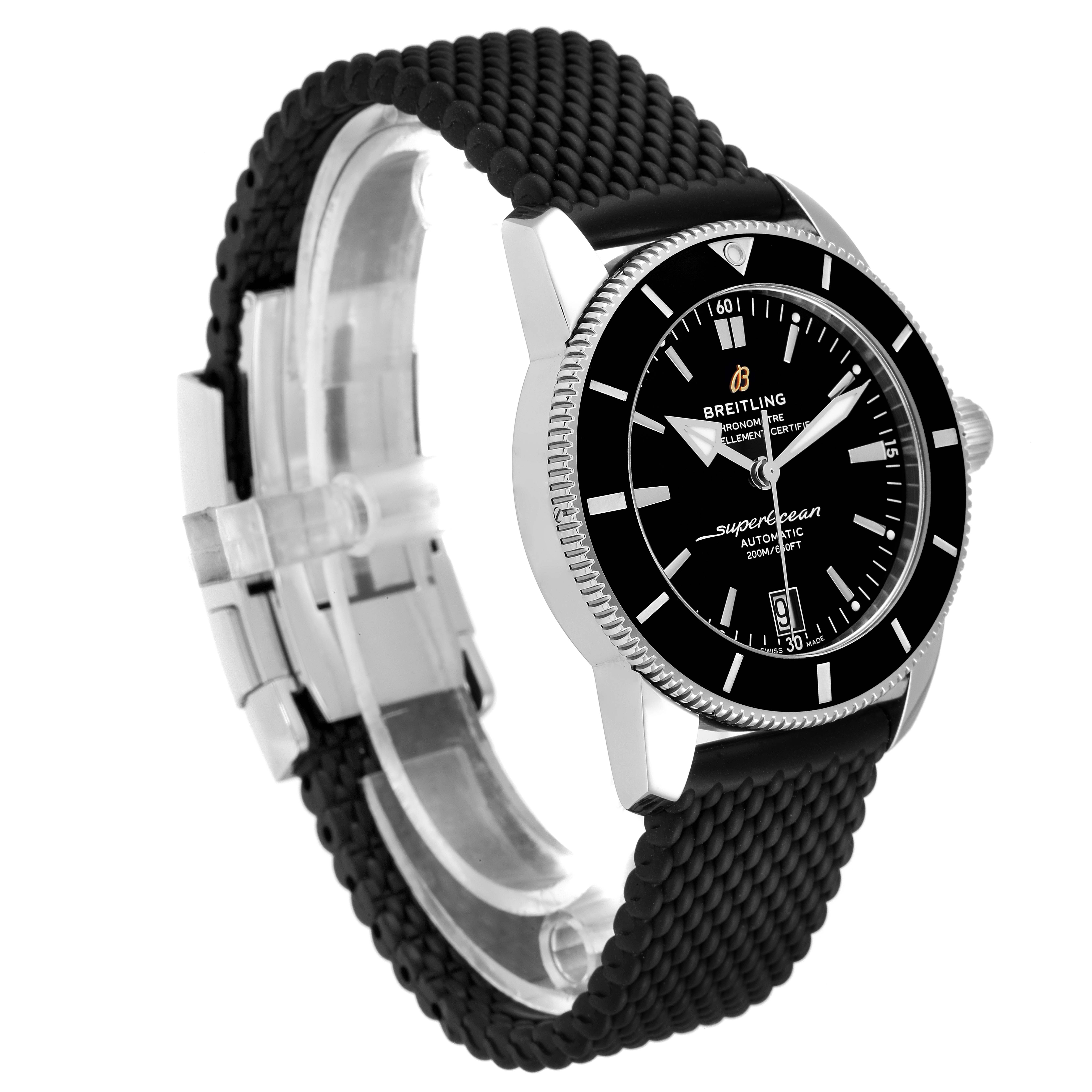 This Breitling Superocean AB2010161C1A1 Men
s Stainless Steel Black Dial AB2010161C1A1 Men
s Stainless Steel Black Dial watch is shown at a three-quarter angle, revealing the face, bezel, crown, and part of the strap and clasp.