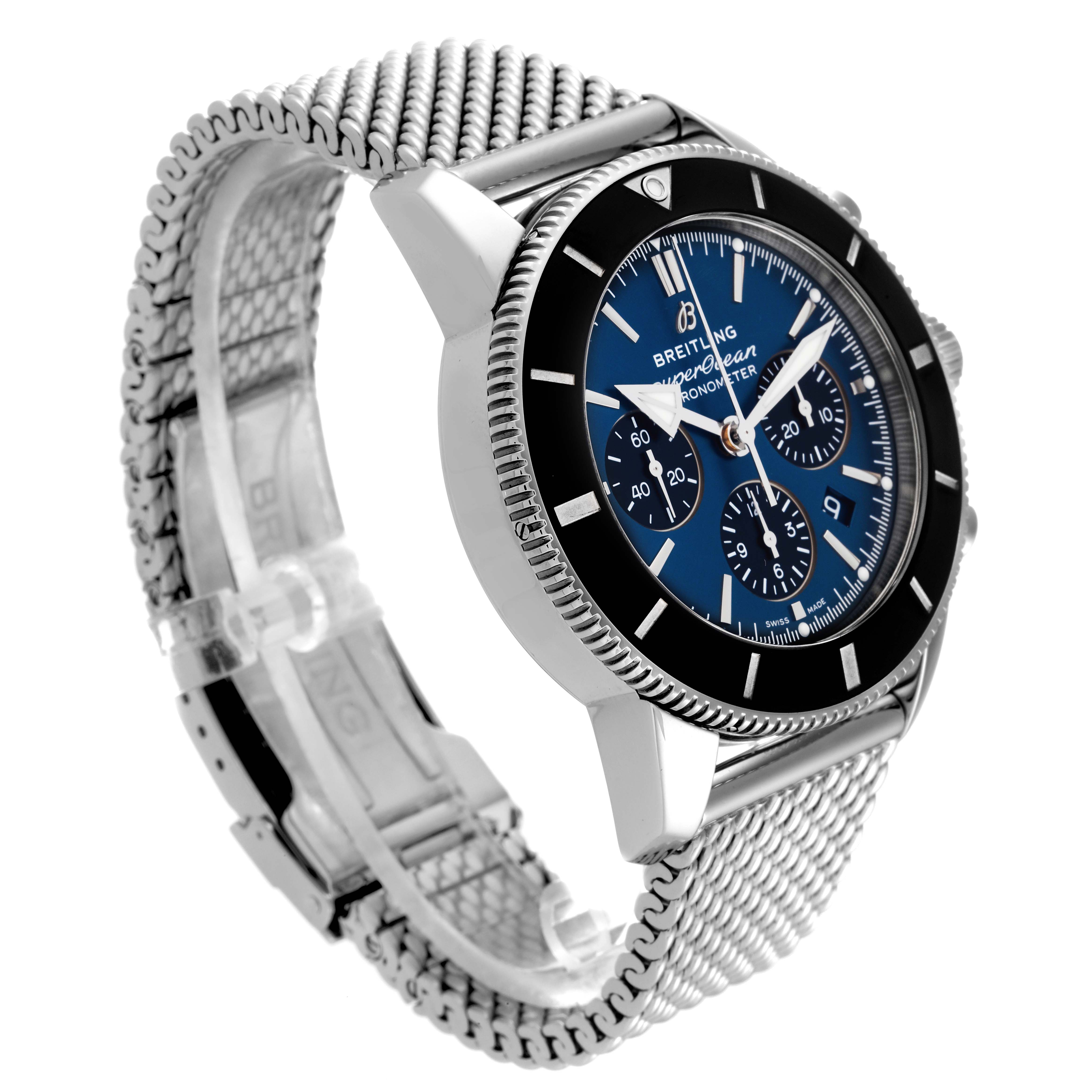 The image shows a Breitling Superocean AB0162 Men's Stainless Steel Blue Dial AB0162 Men's Stainless Steel Blue Dial model watch at a slight angle, highlighting its blue dial, bezel, and mesh strap.