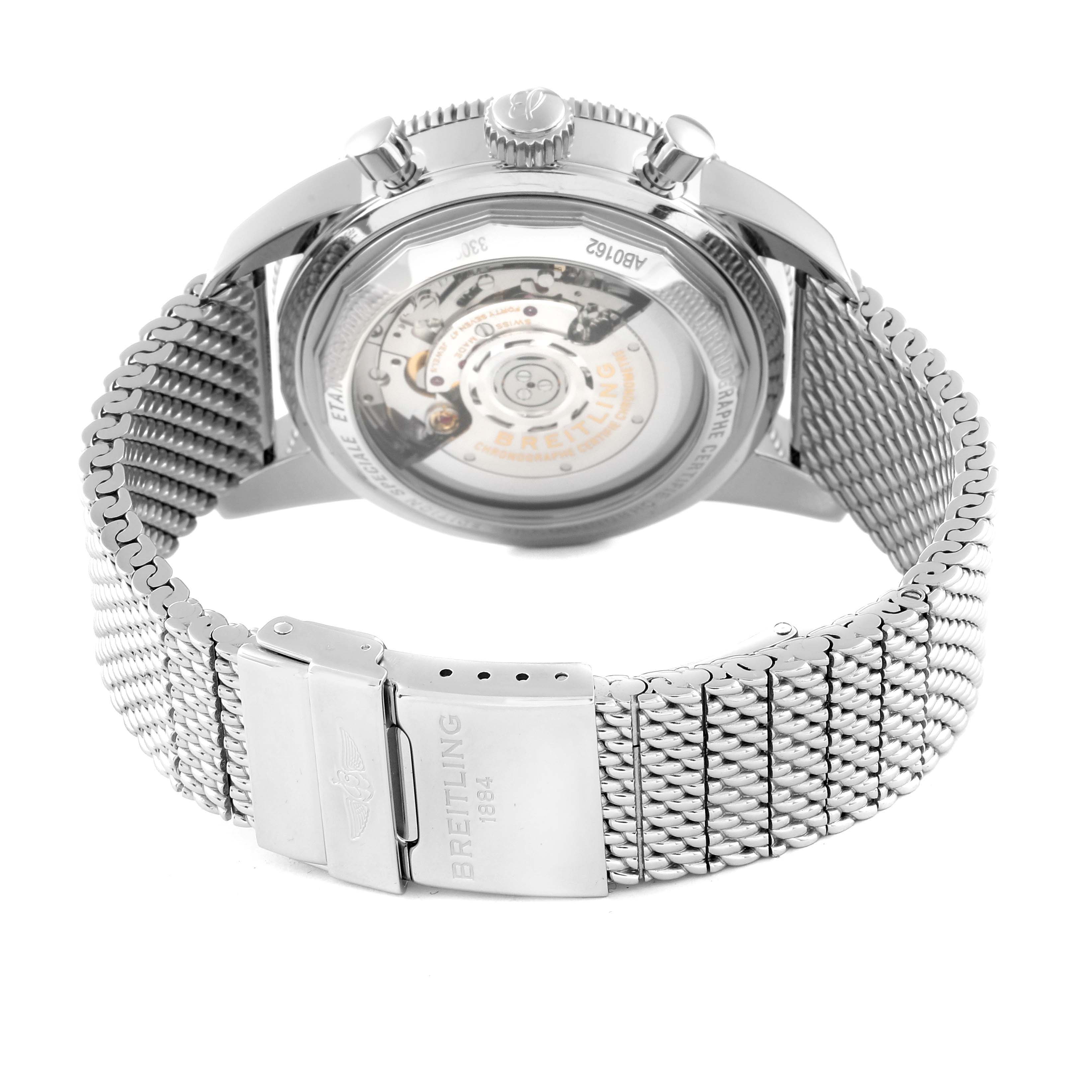 The image shows the backside of a Breitling Superocean AB0162 Men's Stainless Steel Blue Dial AB0162 Men's Stainless Steel Blue Dial watch, highlighting its metal bracelet and exposed movement through the case back.