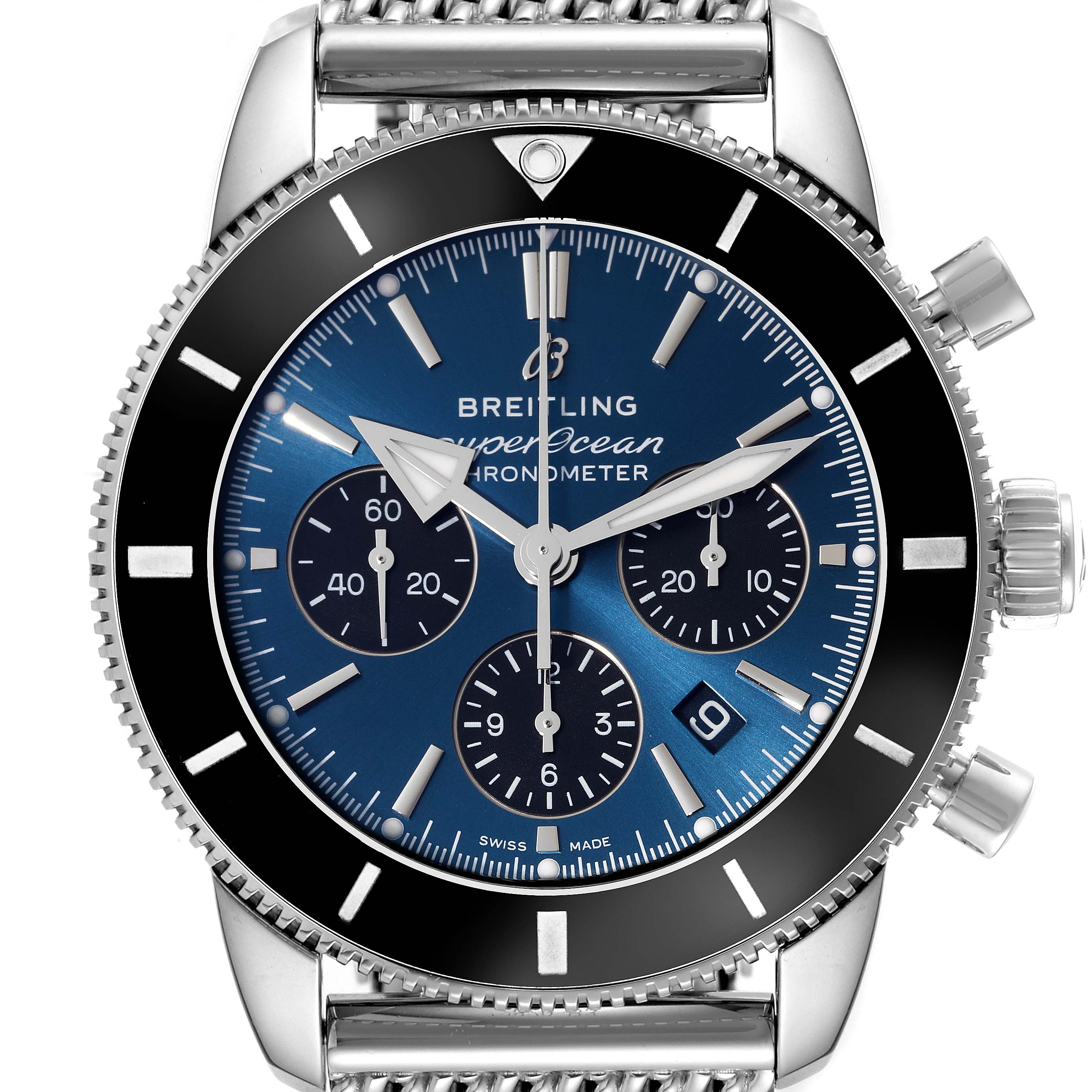 This image shows a Breitling Superocean AB0162 Men's Stainless Steel Blue Dial AB0162 Men's Stainless Steel Blue Dial watch taken from a front angle, highlighting the blue dial, bezel, and part of the stainless steel bracelet.