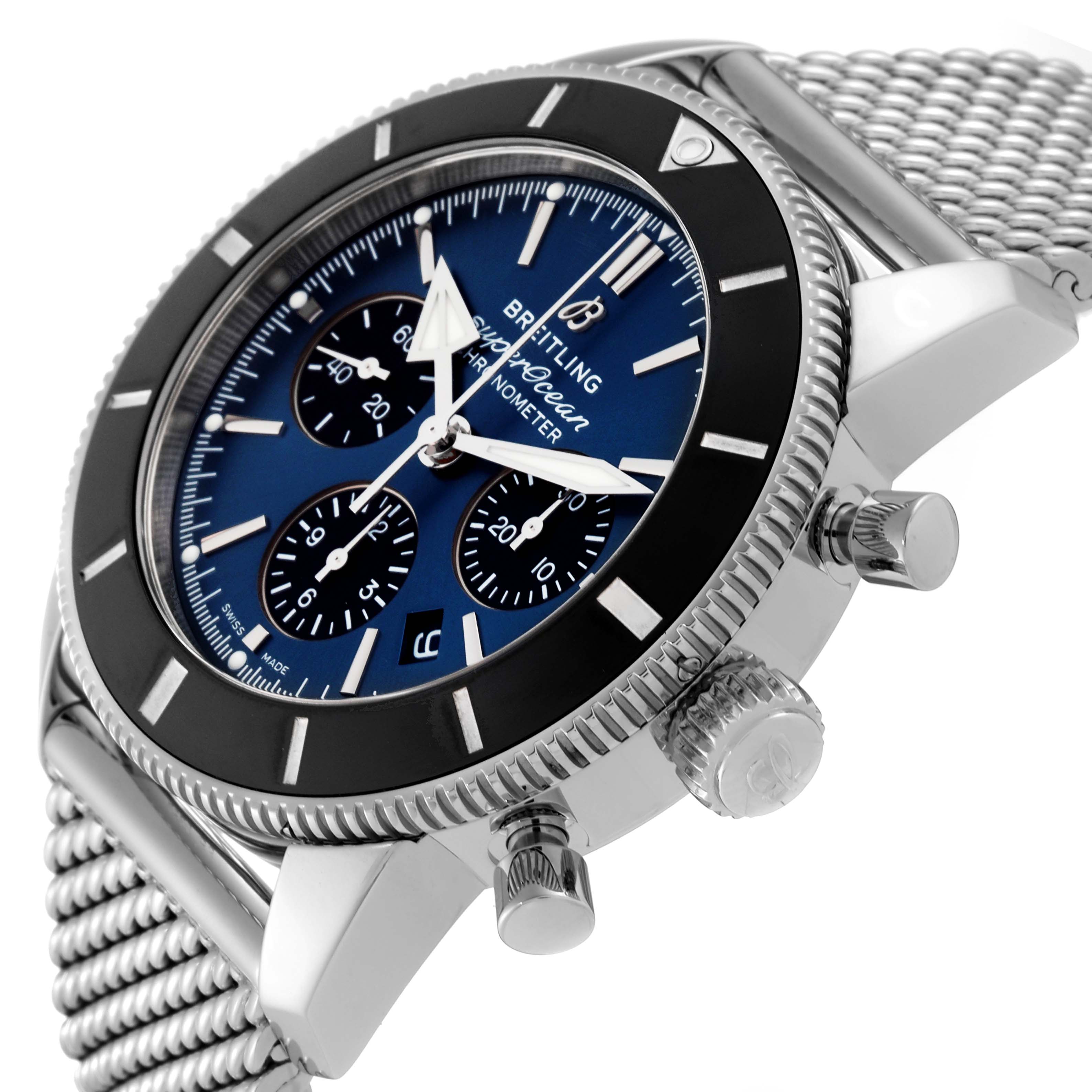 This Breitling Superocean AB0162 Men's Stainless Steel Blue Dial AB0162 Men's Stainless Steel Blue Dial watch is shown at a slight side angle, highlighting its bezel, crown, chronograph buttons, and metal mesh strap.