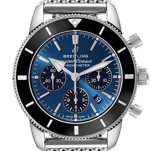 This image shows a front view of the Breitling Superocean watch, highlighting its blue dial, chronometer features, and stainless steel strap.