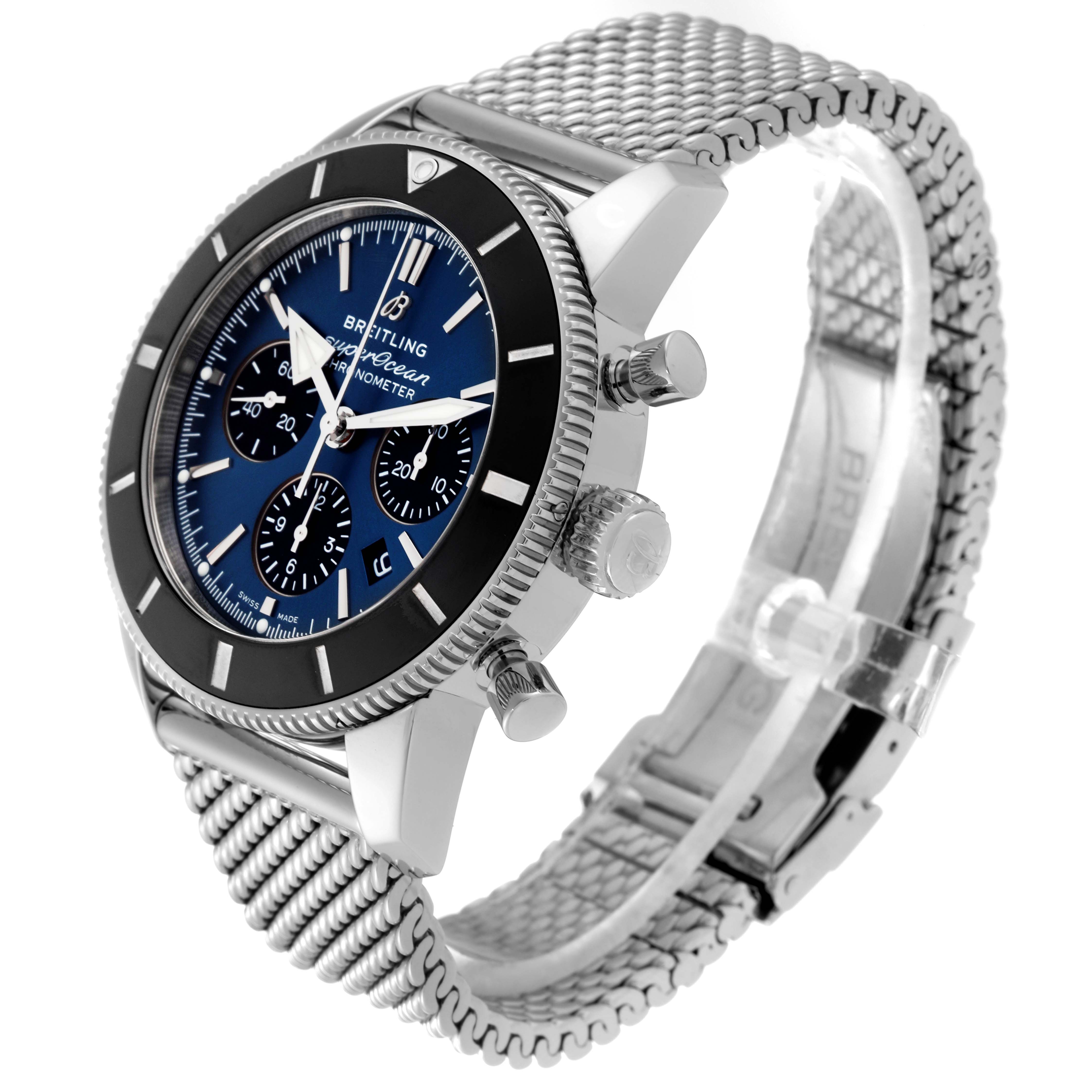 The image shows the Breitling Superocean AB0162 Men's Stainless Steel Blue Dial AB0162 Men's Stainless Steel Blue Dial watch at a three-quarter angle, highlighting its face, bezel, pushers, and mesh strap.